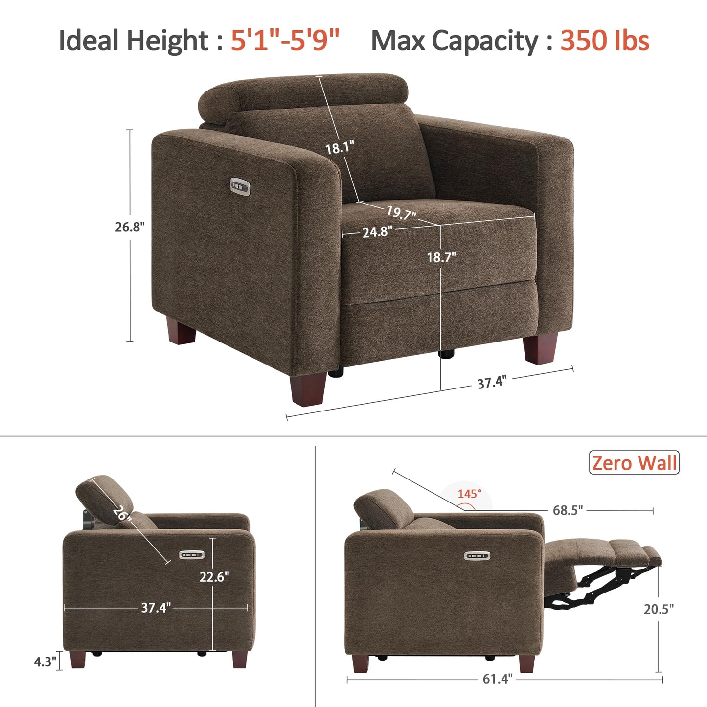 MCombo Zero Wall Recliner Chair, Wall Hugger Power Recliner Chair with Adjustable Headrest, High Wood Leg, USB & Type C Dual Charge Ports, for Living Room, Small Spaces, HL128 (Textile, Coffee)
