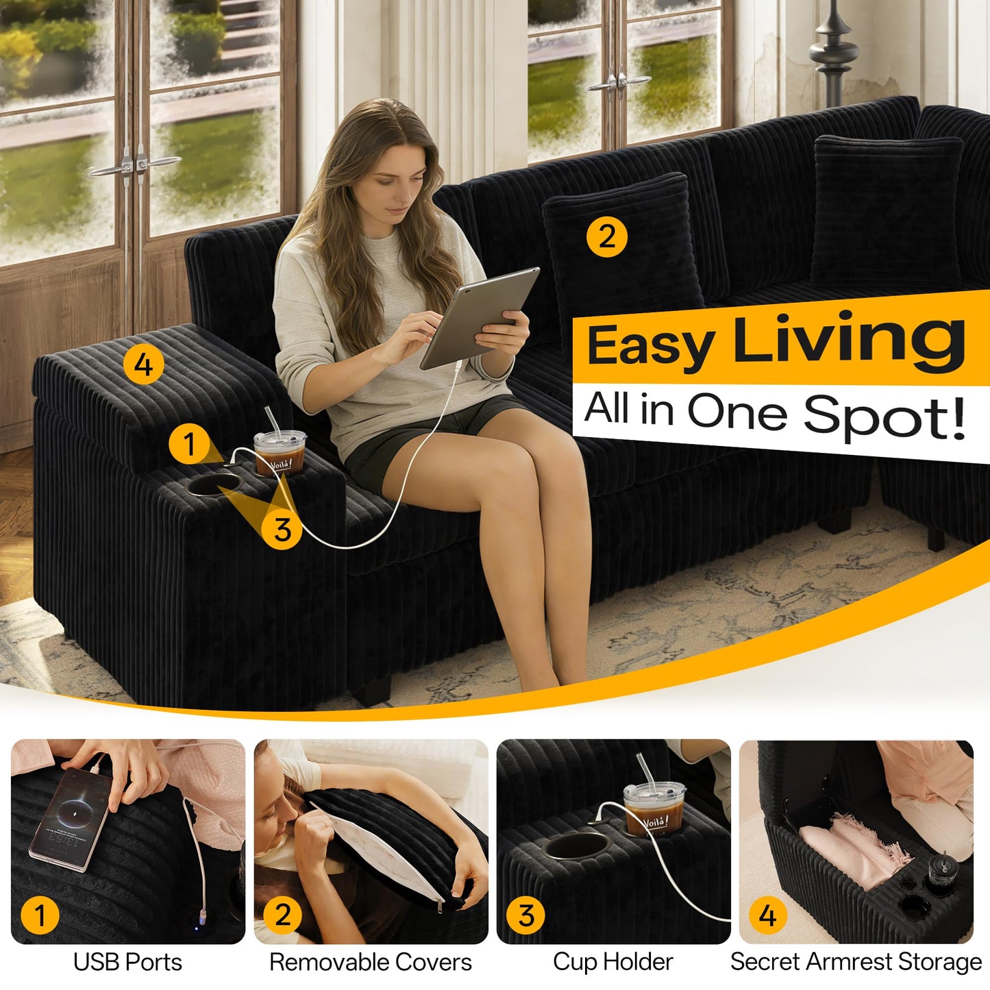 KEIKI 110" L-Shaped Oversized Plush Corduroy Modular Sectional Sofa with Pull-Out Bed, Convertible 6-Seater Sleeper Couch Bed with 1 Ottomans & USB & Cup Holders, Easy Assembly, for Living Room, Black