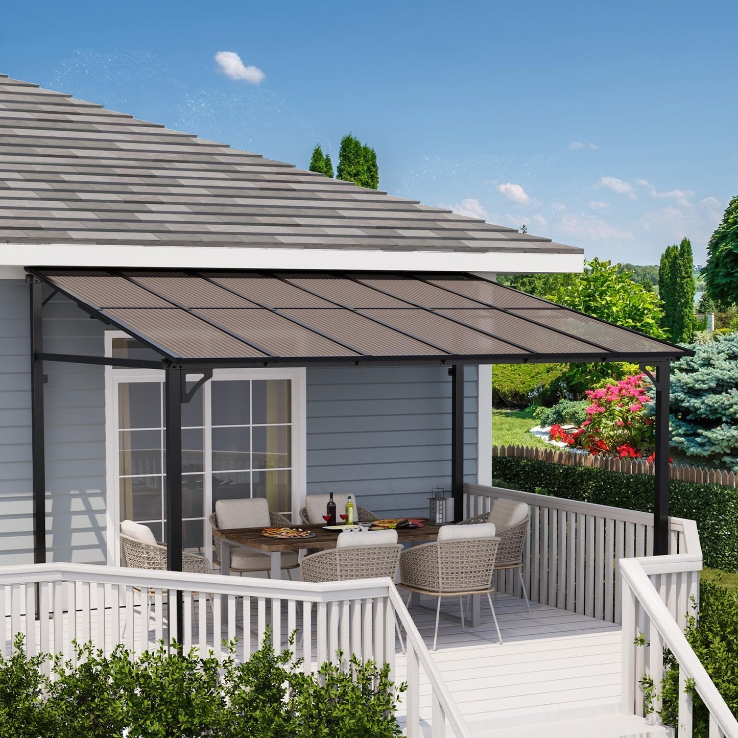 10'X12' Lean to Gazebo, Wall-Attached Hardtop Pergola with Anti-UV Polycarbonate Roof, Aluminum Frame Outdoor Patio Cover for Deck, Yard and Party