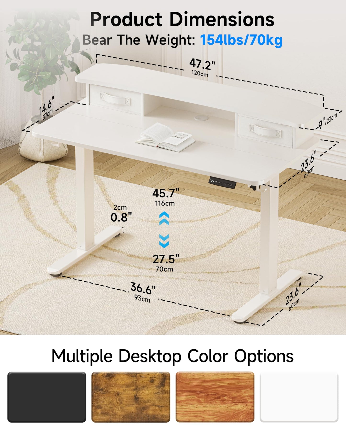 BIZUM Standing Desk with 2 Drawers Computer Desk-Stand up Desk Home Office Gaming Memory Desks C-Clamp Mount Compatible, 48x24 Inch White