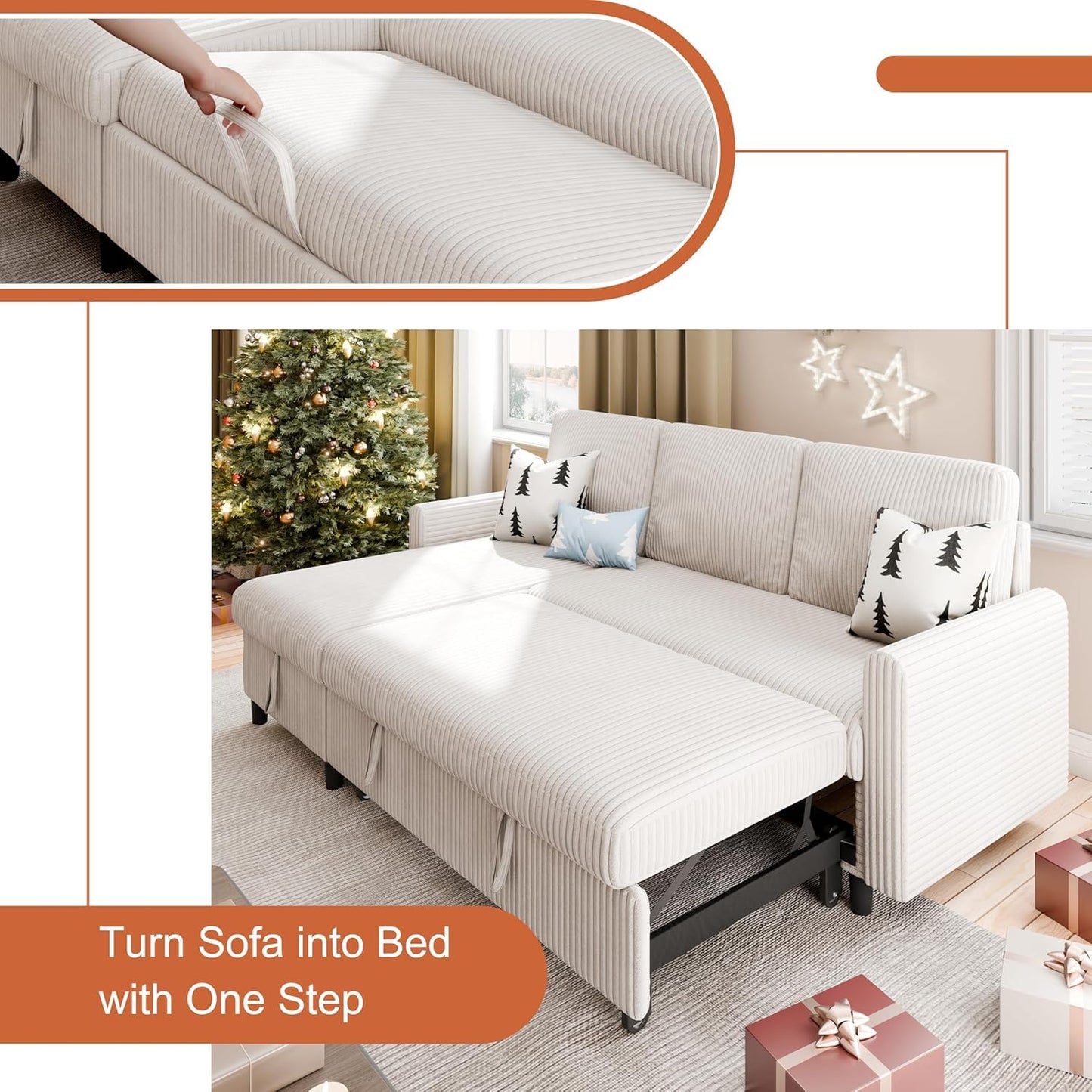Shintenchi Futon Sofa Bed Convertible Couches L Shaped, 4‑in‑1 Sectional Sleeper Sofa Pull Out Couches for Living Room, Multifunctional Couch with Storage Chaise Corduroy Fabric, White