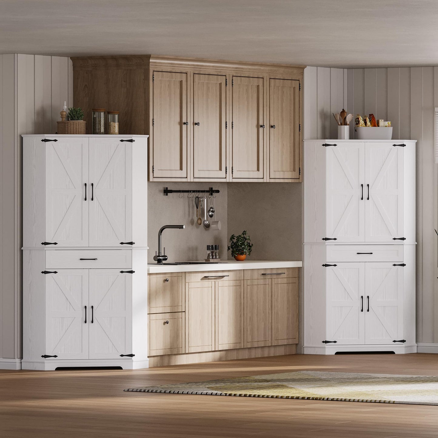 IRONCK 72" Corner Cabinet, Kitchen Pantry Storage Cabinet with Drawer, Spacious Farmhouse Pantry with 3 Adjustable Shelves, 2 Doors Storage, for Kitchen, White