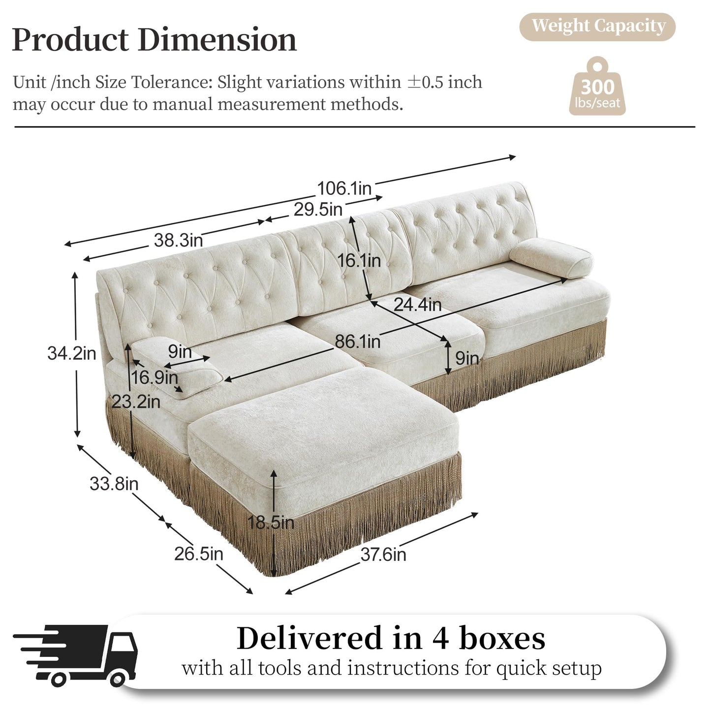 KEIKI 106" L-Shaped Velvet Chesterfield Style Modular Sectional Sofa, Oversized Button Tufted 3-Seater Couch with 1 Ottoman & Floor-grazing Tassel Fringe Skirt, Easy Assembly, for Living Room, Beige