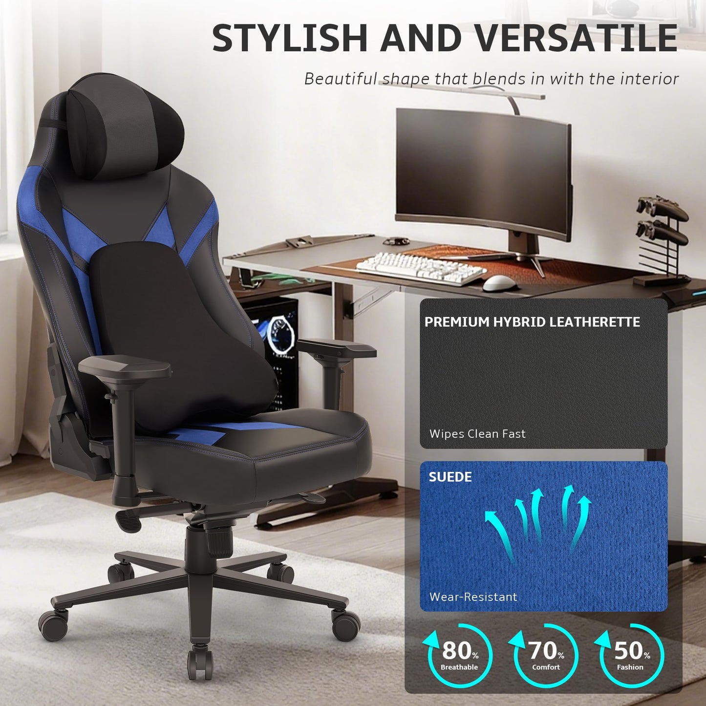 Wyrdforging Ergonomic Gaming Chair, Computer Desk Chairs, 4D Armrests, High Back Office Chair with Headrest & Lumbar Pillow, Tilt Rocker Recliner, Heavy-Duty Base, Black PU Leather & Blue Suede Combo