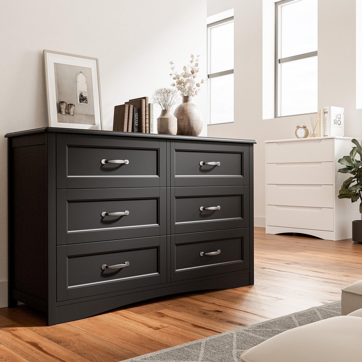 Gizoon 6 Drawer Dresser for Bedroom，47'' Larger Chest of Drawers with Mental Handle for Kids Room, Black Dresser with 6 Storage Drawers for Living Room, Entryway and Hallway, Black