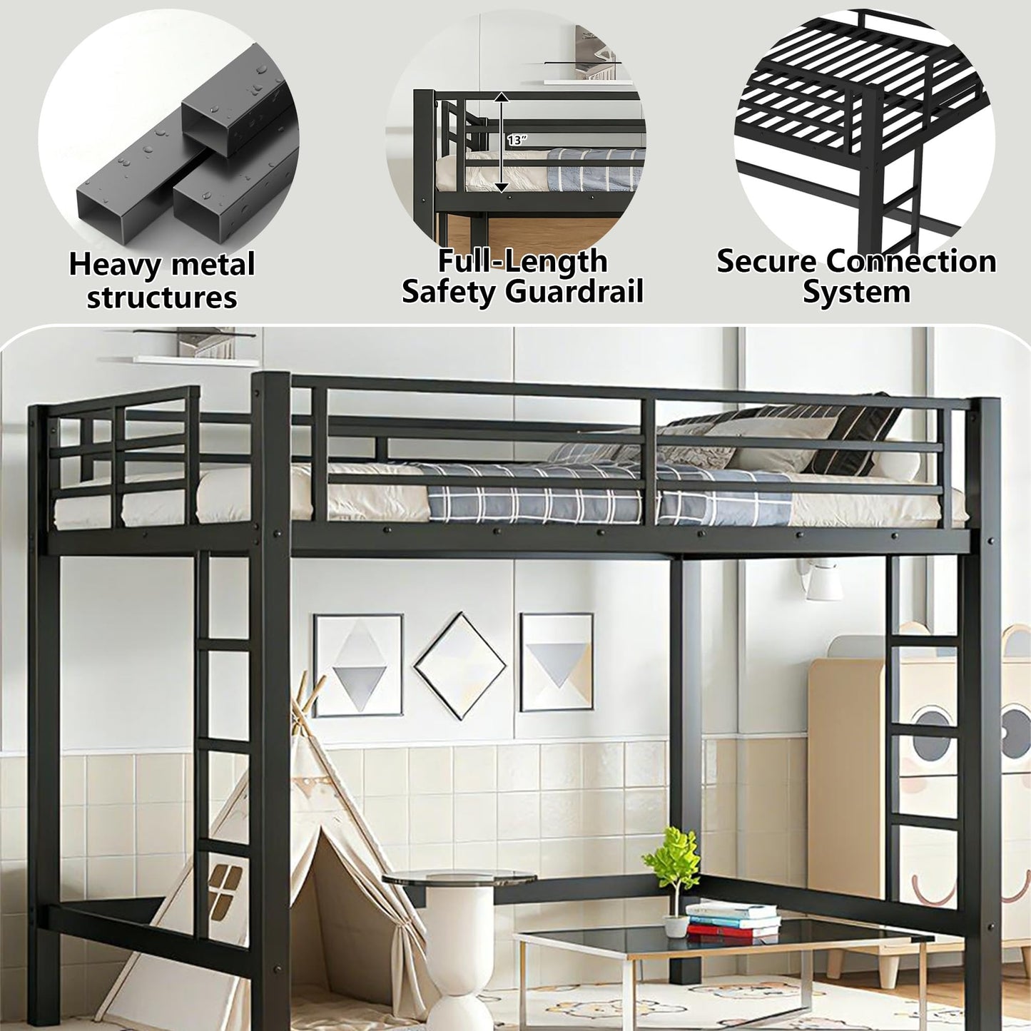 Bellemave Full Size Metal Loft Bed Frame with 2 Ladders, High Guardrail & Sturdy Iron Construction, Space-Saving Adult Loft Bed for Dorms, Safe for Kids, Teens, No Box Spring Needed, Black