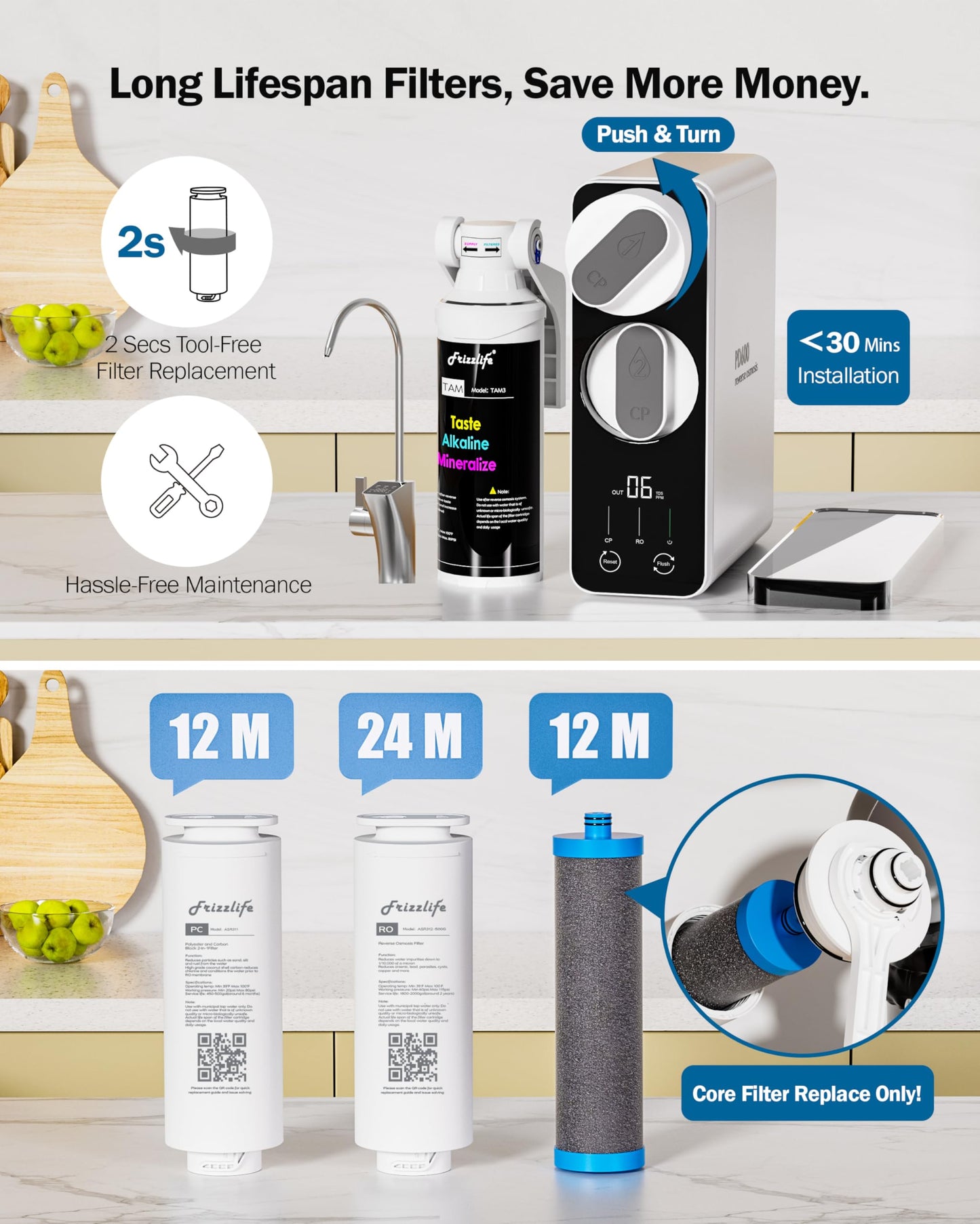 Frizzlife Reverse Osmosis Water Filter - Alkaline Mineral pH+, NSF/ASNI 58&53&42&372 Standard, 600GPD Tankless RO Reverse Osmosis System, Under Sink, 2:1 Pure to Drain, Smart LED Faucet, PD600-N