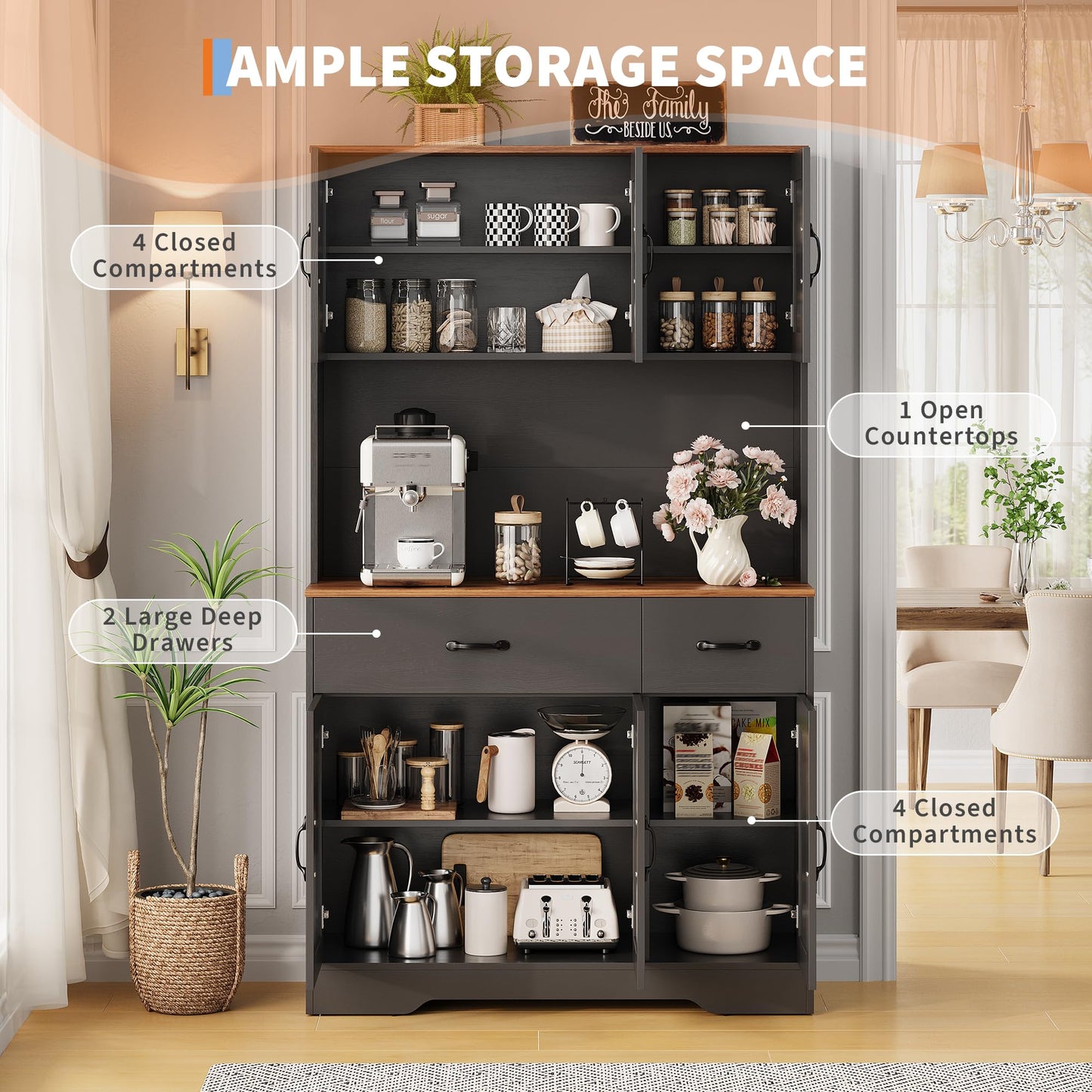 IDEALHOUSE 71" Kitchen Pantry Storage Cabinet with Charging Station, Farmhouse Kitchen Hutch Cabinet with 2 Storage Drawers, Large Food Pantry with Microwave Stand for Dining Room,Living Room,Black