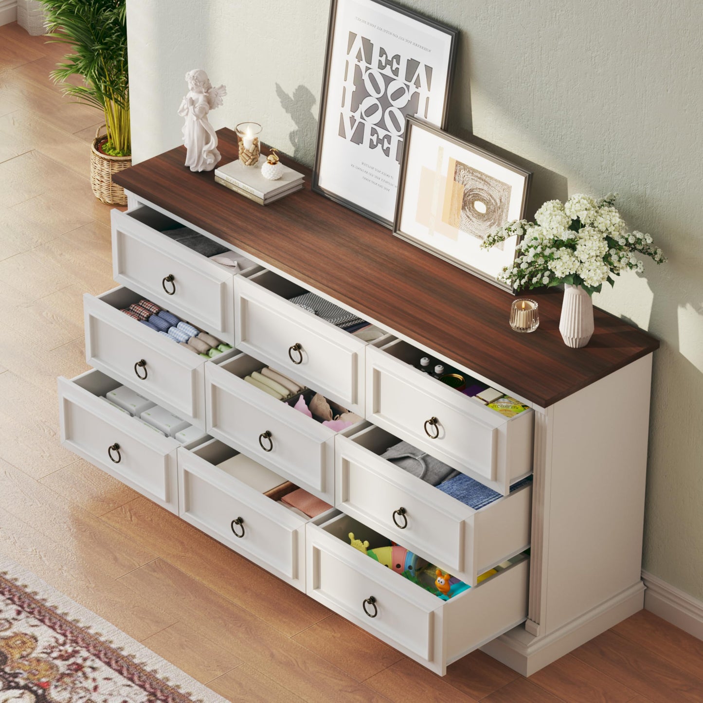 HUAHUU Farmhouse 9 Drawer Dresser for Bedroom, 60" Wide Chest of Drawers with Roman Column, Wooden TV Stand with Antique Bronze Circle Handles, Storage Organizer for Living Room, Hallway, White