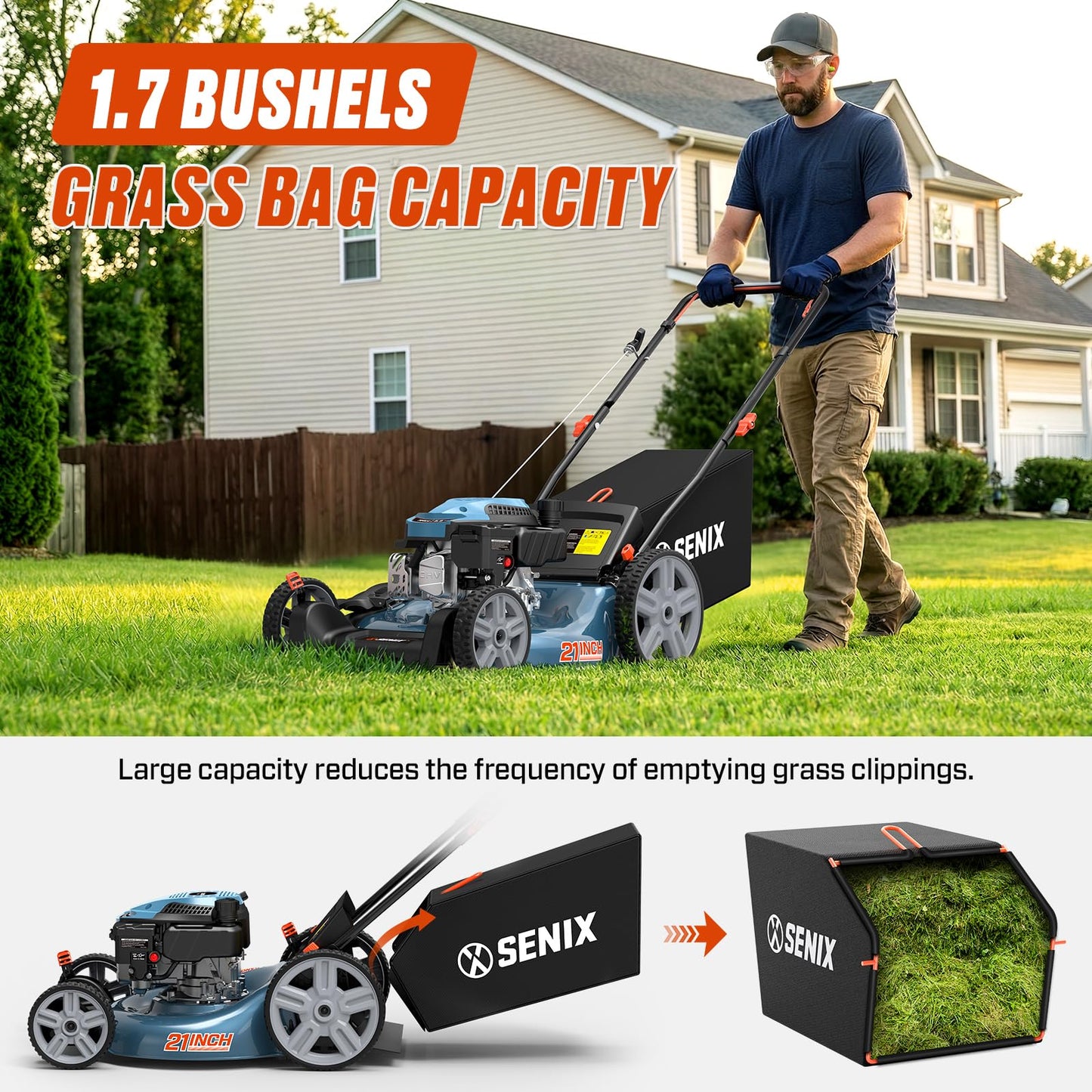 SENIX 21" Gas Lawn Mower 144cc, 3-in-1 Push Mower Mulch Bag Side Discharge