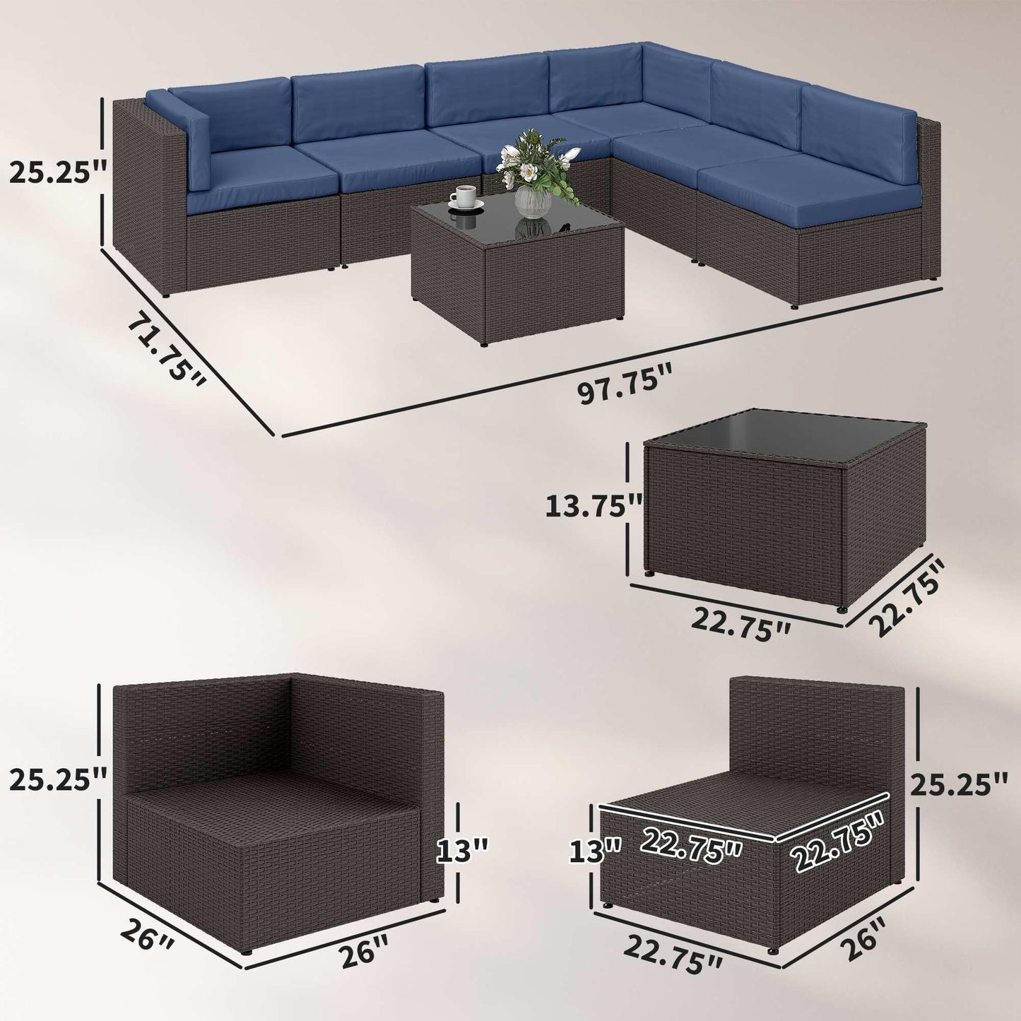 Outsunny 7 Piece Patio Furniture Set, Wicker Outdoor Sectional Sofa Set, All Weather PE Rattan Outdoor Furniture Conversation Sets with Cushions, Glass Top Coffee Table, Dark Blue