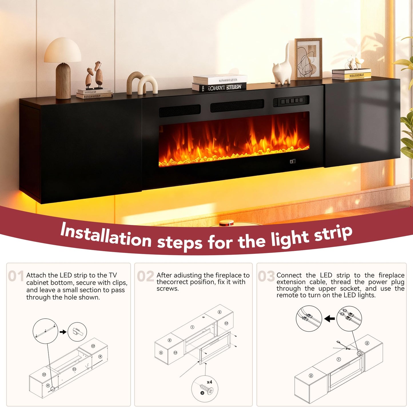 MXV 70'' Floating TV Stand, Modern Media Entertainment Center with 36" Electric Fireplace, TV Console Cabinet Wall Mounted, Adjustable 12-Color LED Lights, for Living Room, Black + Black