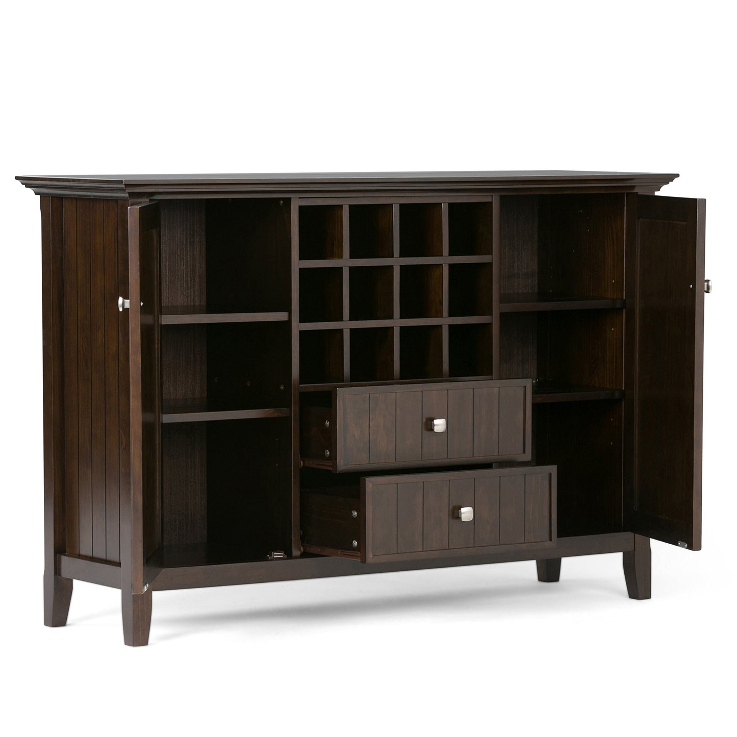SIMPLIHOME Bedford Buffet - 54 inch Wide Solid Wood 3-Door Sideboard Buffet with Wine Rack in Brunette Brown, Transitional Cabinet for Dining Room or Kitchen with Adjustable Shelves