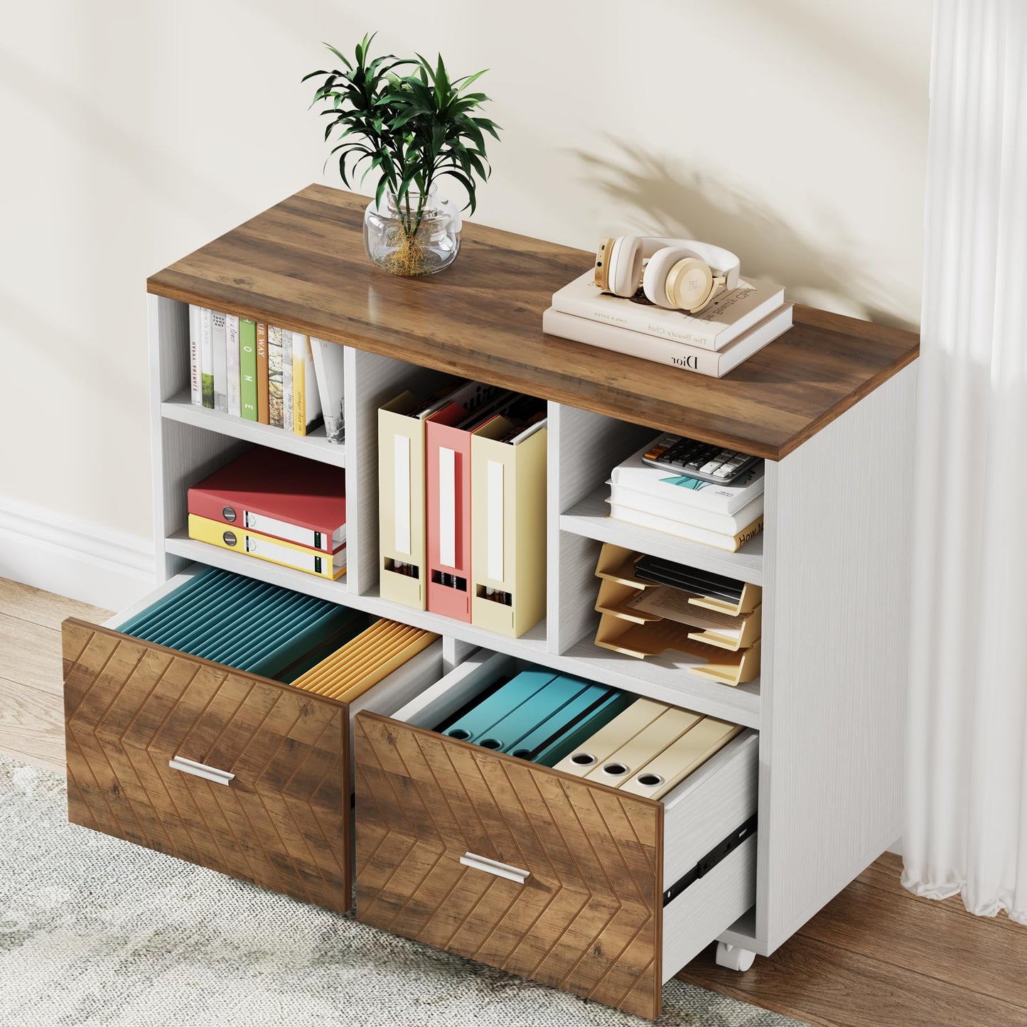 Tribesigns 2-Drawer Wood File Cabinet, Mobile Lateral Filing Cabinet for Hanging Letter Size Files, Printer Stand with Open Storage Shelves for Home Office (Oak Karo & White)