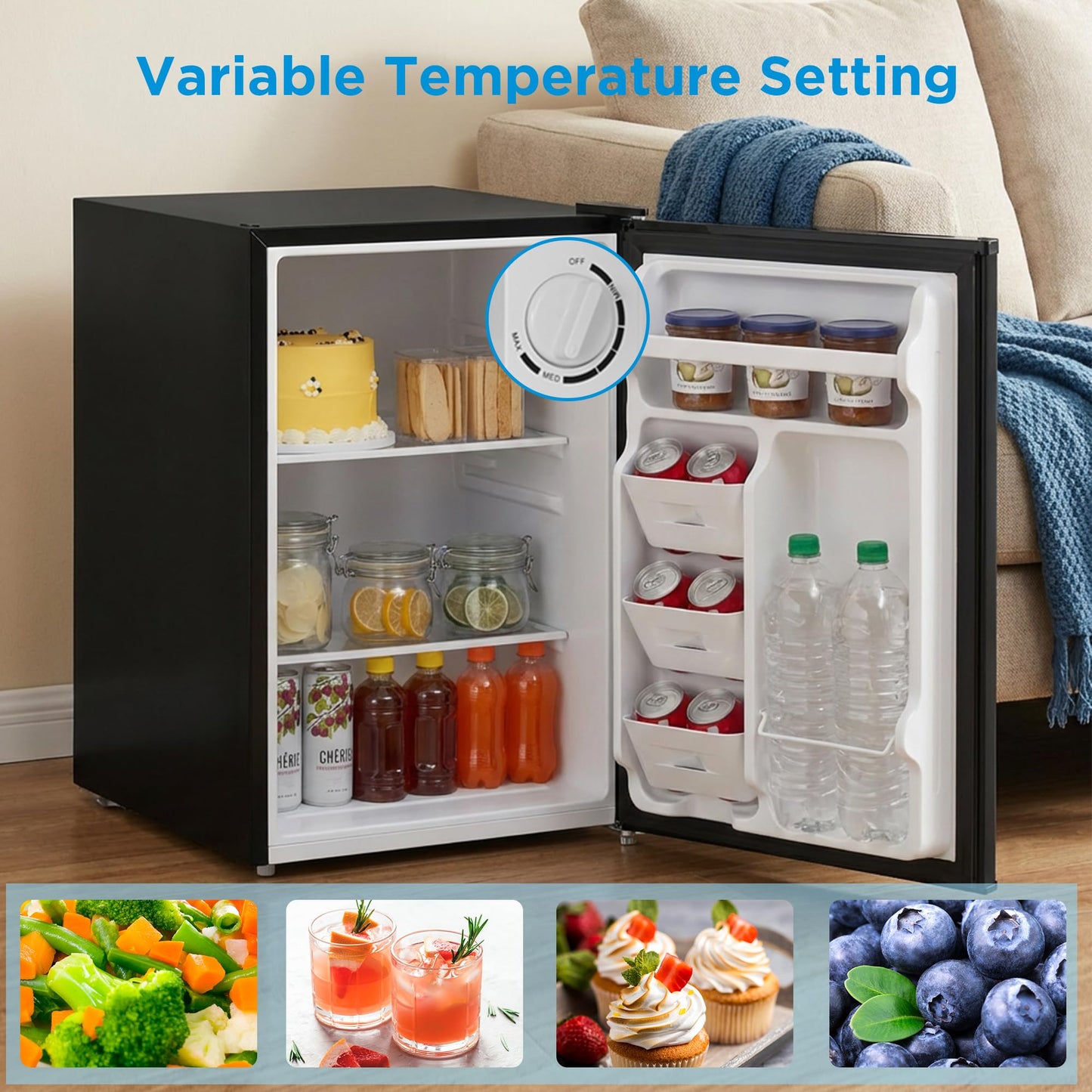 Midea MERM26B0ABB Mini Fridge, 2.7 Cu.ft Energy Star Certified Mini Refrigerator, Adjustable Thermostat, Reversible Door, Low Noise for Dorm, Office, Bedroom, Black