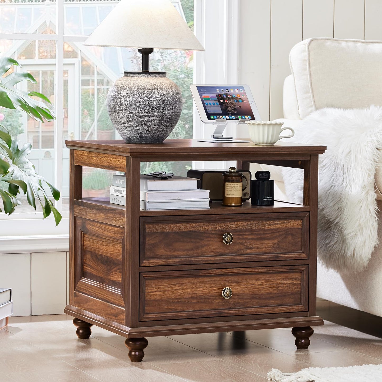 Joaxswe 24" Wide Farmhouse Night Stand Set of 2,Large End Table with 2 Drawers & Metal Handle,Brown Wood Dresser for Bedroom, Bed Side Table Chest of Drawers Cabinet, Nightstand for Living Room,Closet