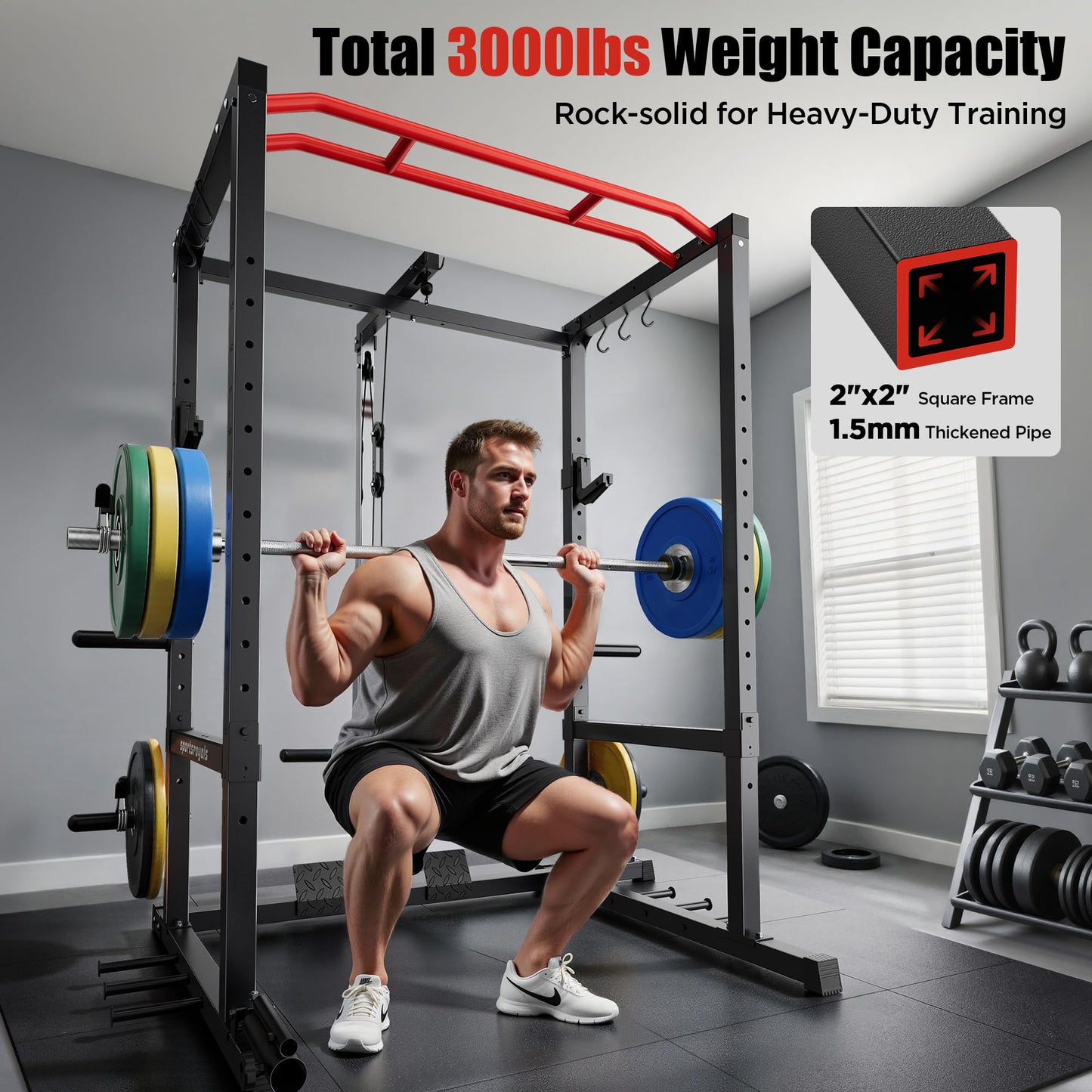 Sportsroyals Power Rack, Multi-Functional Power Cage, Squat Rack with Pulley System & LAT Pull Down, Workout Cage with J Hooks for Home Gym