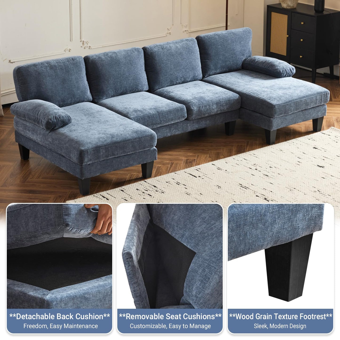 VINGLI 110" Sectional Couches for Living Room,U Shaped Couch with Double Chaise, 4-Seat Sofa Set with Corduroy Fabric for Home Furniture,Ocean Blue