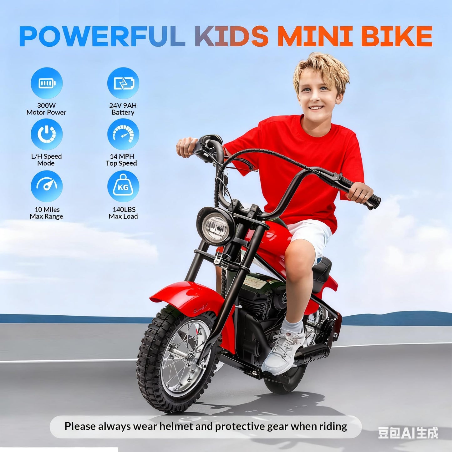 GarveeLife Electric Dirt Bike, 15 Mph & 150lb Max, 24V Ride On Toy for Big Kids w/Led Lights & Power Display, 300W Chain-Driven Motor, Two Speed, Handbrake, Leather Seat, 12" Air-Filled Tires, Red