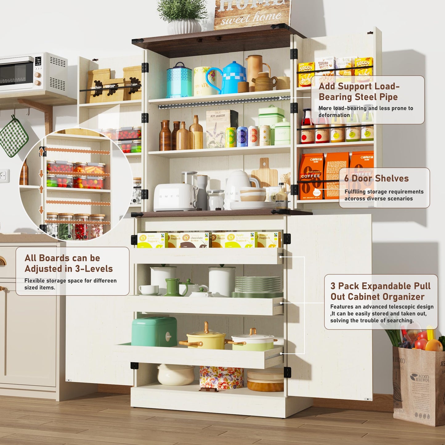 Farmhouse Kitchen Pantry Cabinet with 3 Drawers,71" Tall Rustic Wood Storage Cabinet with 6 Door Shelves,with Load-Bearing Steel Pipe,Pantry Organizers for Kitchen,Dining Room(Rustic Off White)