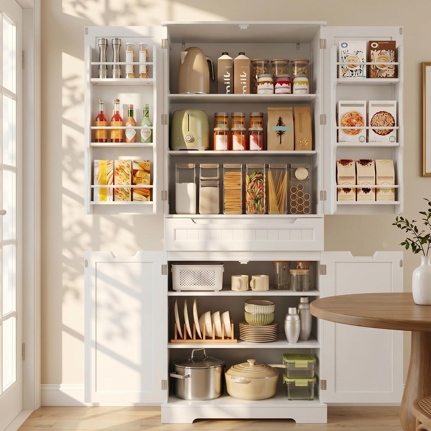 Gizoon 70" Tall Kitchen Pantry Cabinet with Doors and Adjustable Shelves, Pantry Storage Cabinet with Drawer Freestanding Organizer for Small Kitchen Bathroom Laundry Room, Painted White