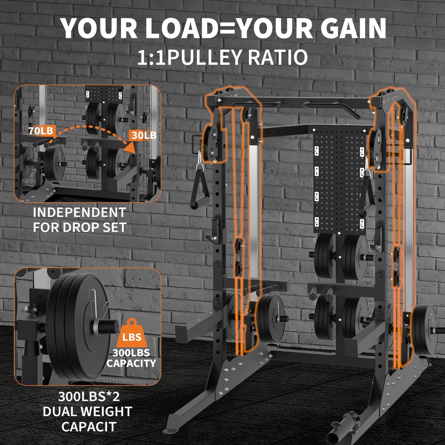 Power Cage, 2000LB Power Rack with Independent Dual Pulley System, Multi-Function Home Gym Workout Machine for Maximum Stability & Strength Training