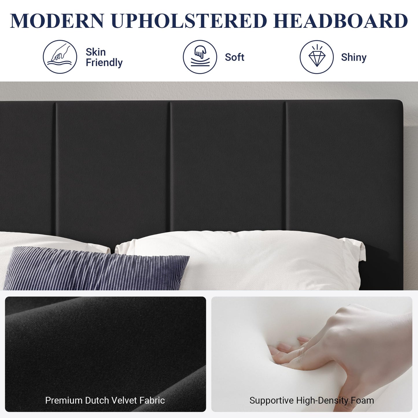 Allewie King Size Dutch Velvet Upholstered Platform Bed Frame/Vertical Channel Tufted Adjustable Headboard/Low Profile Bed Frame/No Box Spring Needed/Easy Assembly/Black