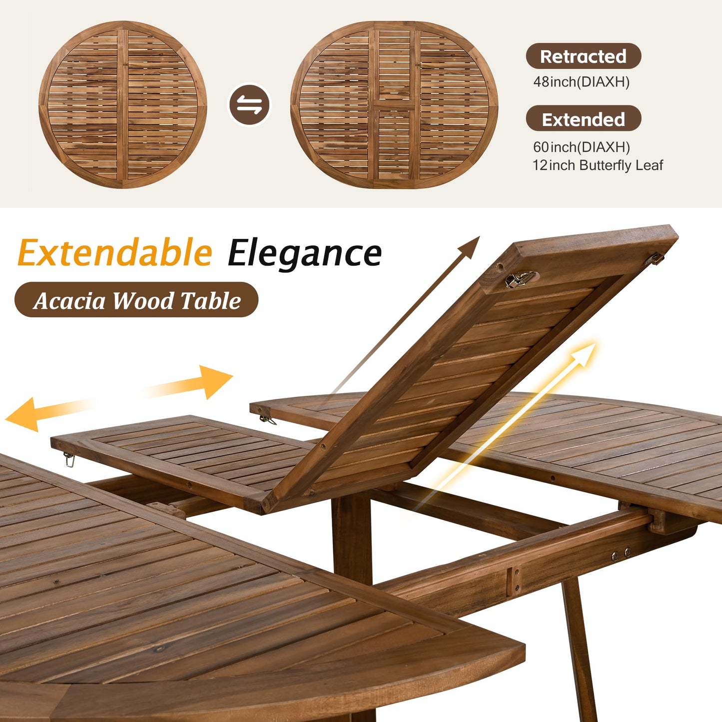 Merax 5 Piece Patio Dining Set, Outdoor Acacia Wood Extendable Round Table with 12 Inch Butterfly Leaf and 4 Rattan Arm Chairs w/Cousions & Pillows for Backyard,Balcony, Garden, Poolsid, Natural