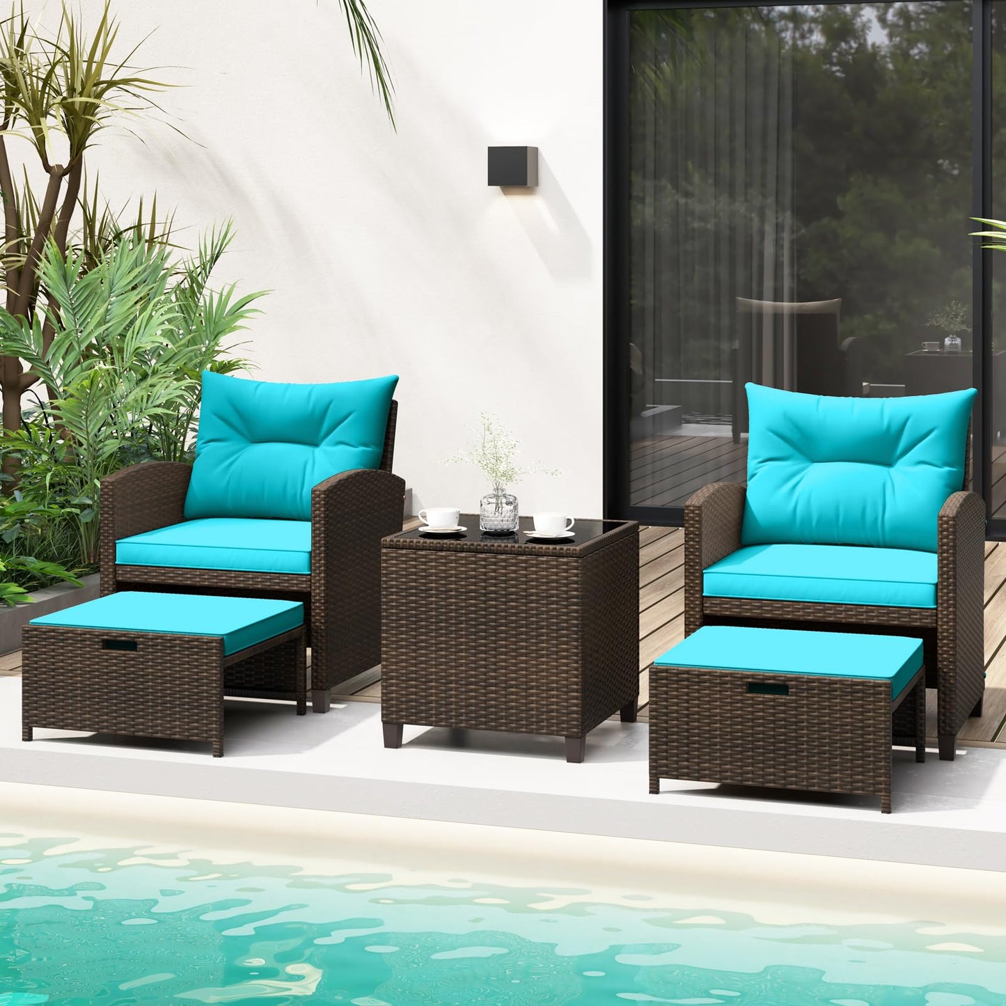 Tangkula 5 Pieces Patio Conversation Set, PE Wicker Outdoor Furniture Set with 2 Chairs, 2 Ottomans & Tempered Glass Coffee Table, Ideal for Poolside, Backyard, Lawn, Deck, Mix Brown & Turquoise