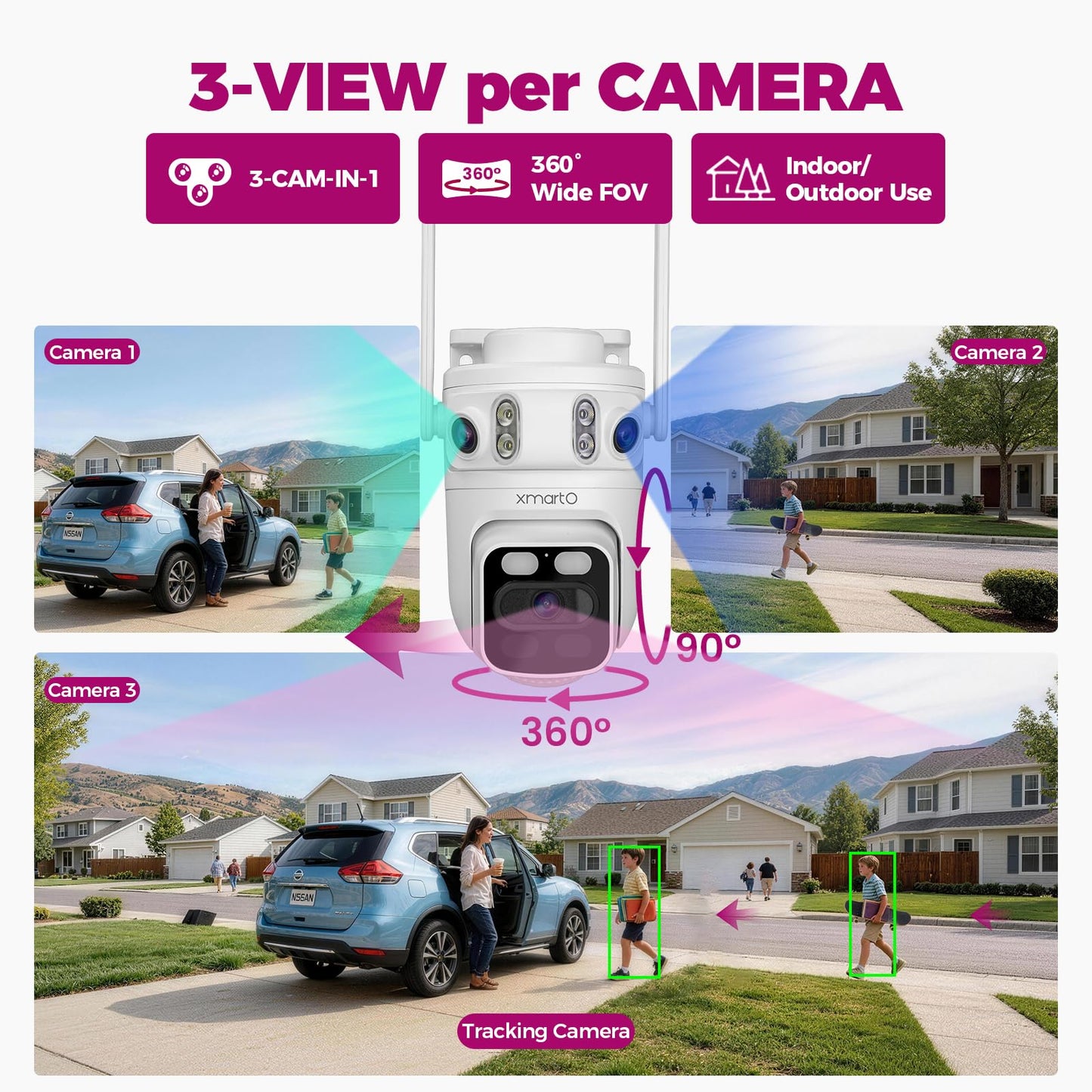 XMARTO 6MP Tri-Lens 4-Cam 500GB WiFi Mesh Security Camera System,16CH 4K H.265 WiFi-Inside NVR,360°PTZ AI Tracking,3-View/Cam,Long Range Wireless,Plug-in 24/7 Home Surveillance,Local & Mobile View