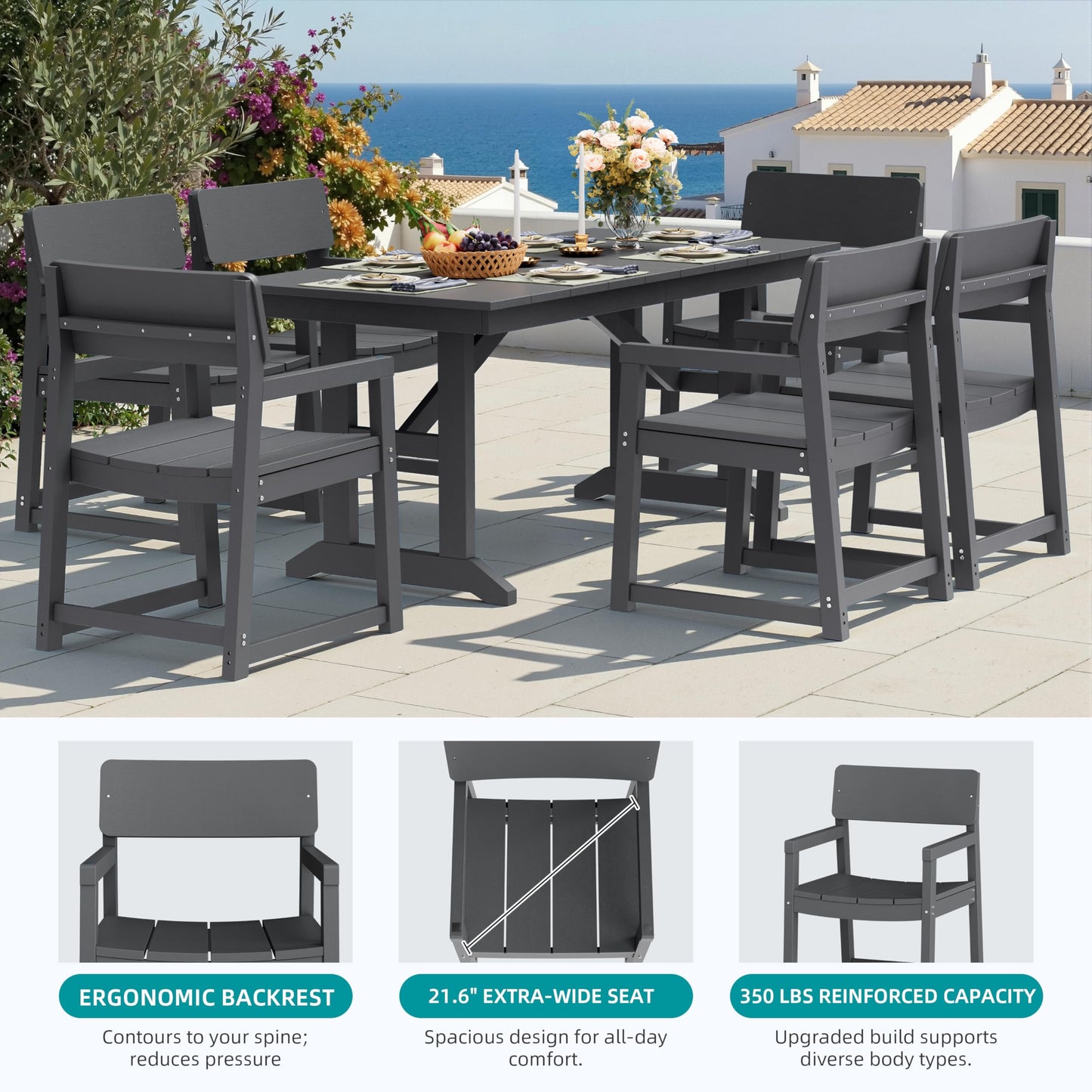 Shintenchi 7 Pieces Outdoor Dining Set,HDPE Outdoor Table and Chairs Set for 6,All Weather Patio Furniture Sets with Umbrella Hole,Modern Wooden Textured Dining Sets for Backyard,Garden,Dark Grey