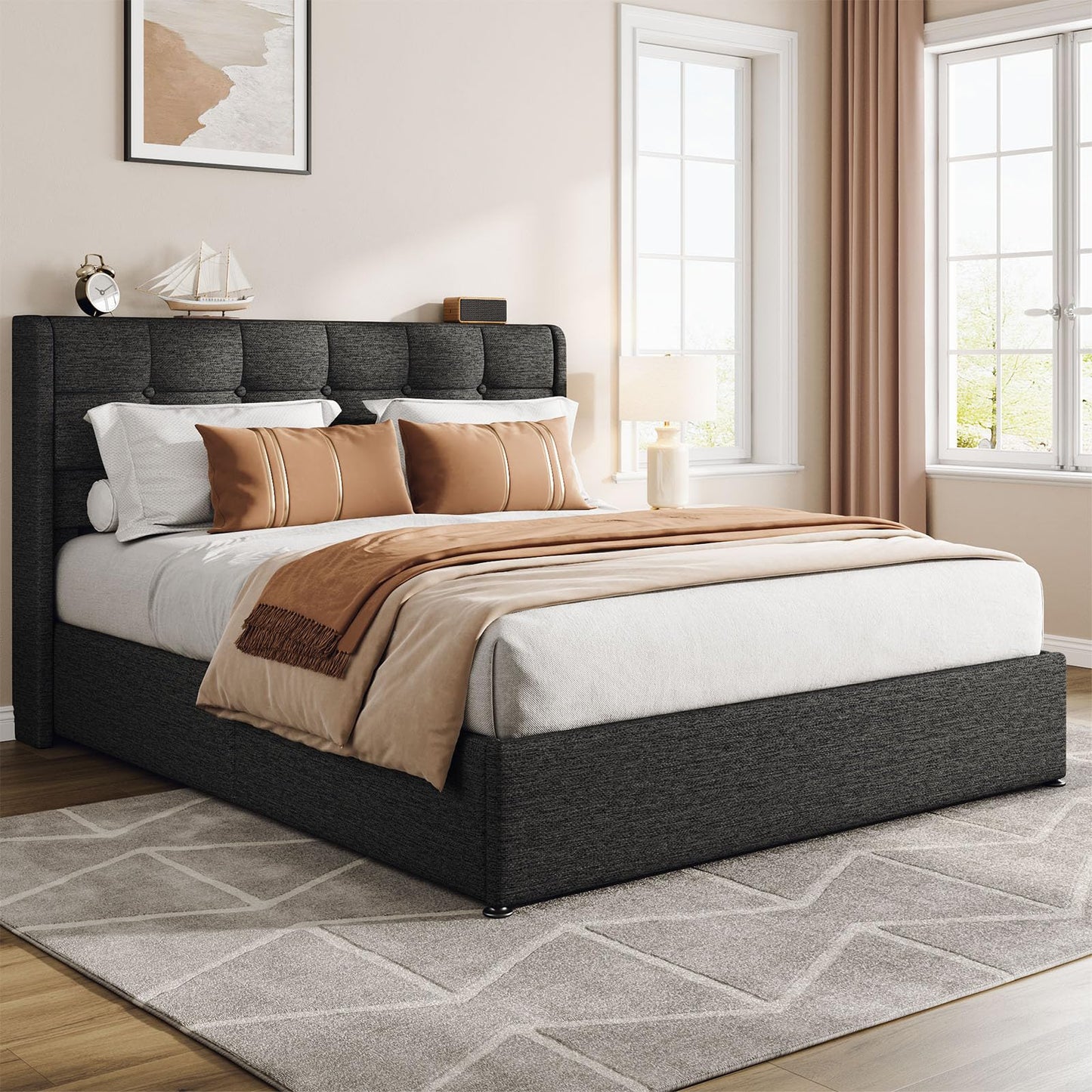Vinabilia Lift Up Queen Size Bed Frame with Storage, Upholstered Queen Bed Frame with Wingback Headboard, No Box Spring Needed, Easy Assembly - Dark Grey