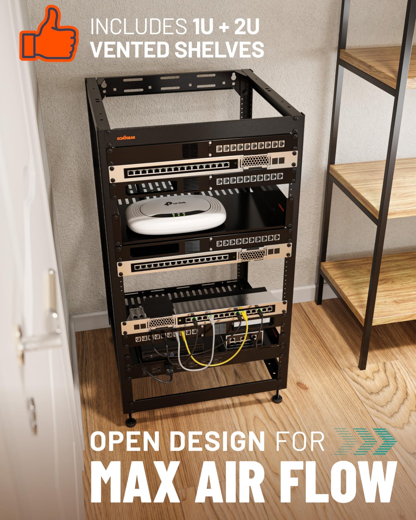 ECHOGEAR 20U Open Frame Rack w/Optimal Air Flow, DIY Assembly, 20.4” Depth