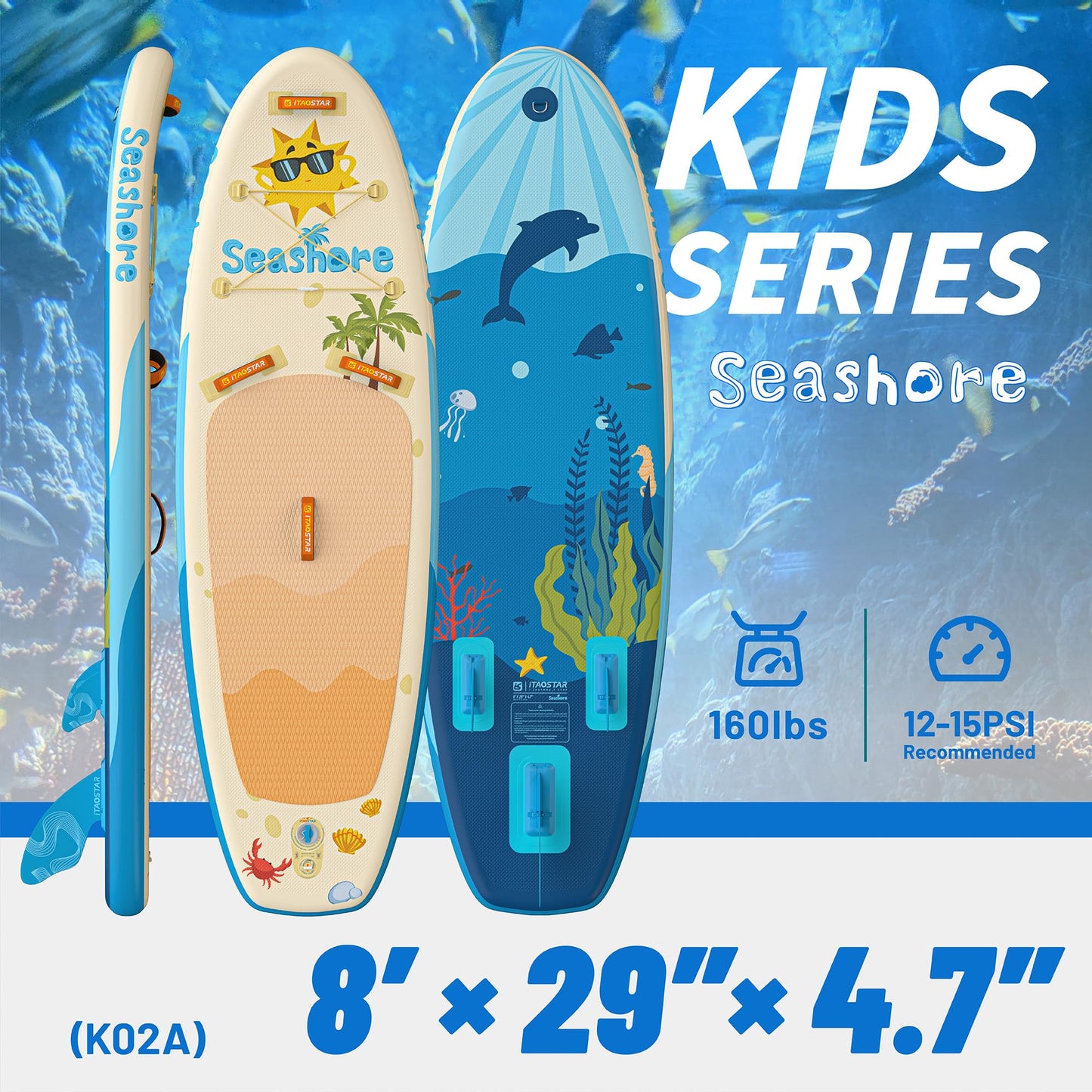 iTAOSTAR K02A 8'×29"×4.7" Inflatable Stand Up Paddle Board for Kids Inflatable Sup Board with 5 Removable Fins