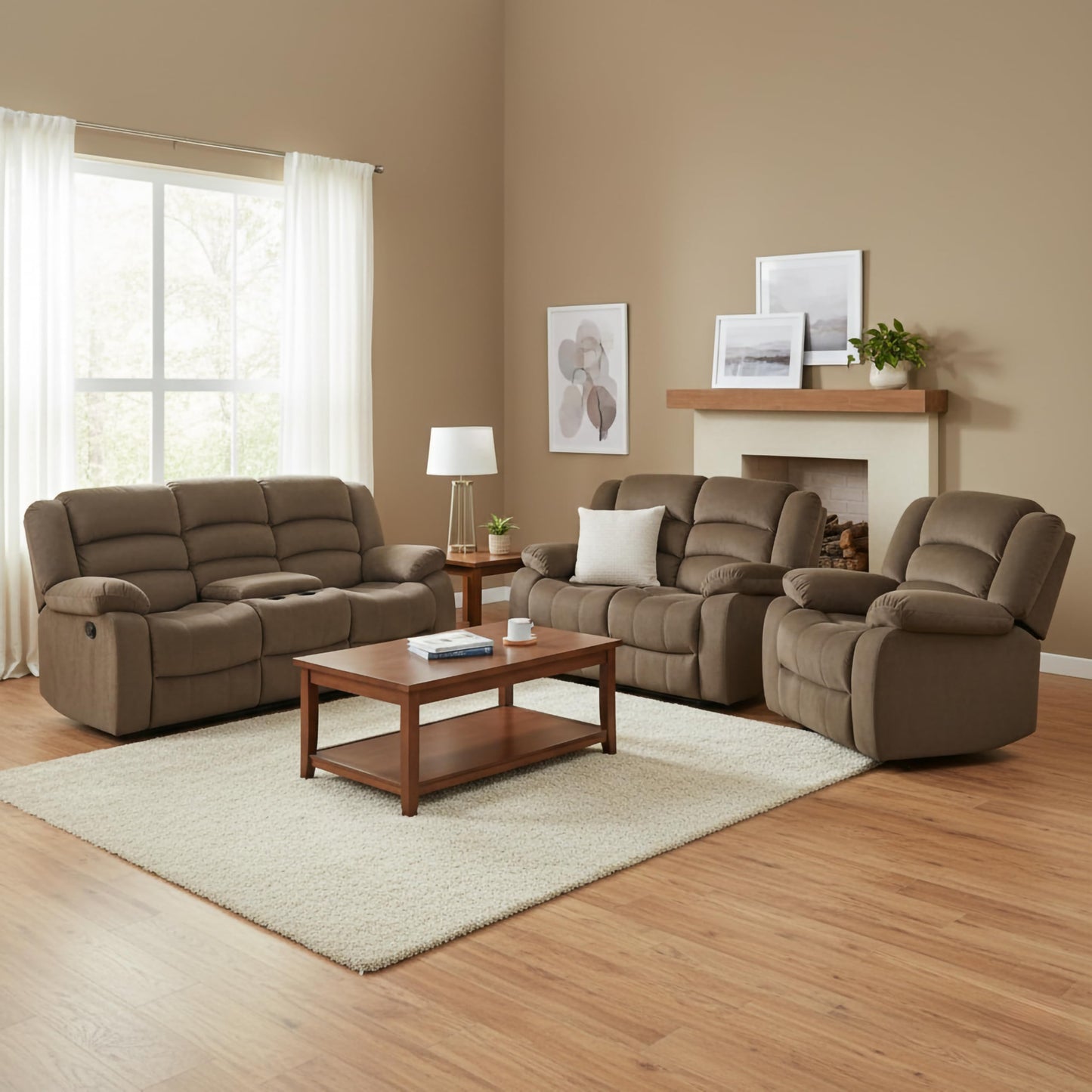 AC Pacific Bill Collection Contemporary 3Piece Living Room Upholstery Sofa Set with 5 Recliners, Sofa, Loveseat & Reclining Chair, Brown