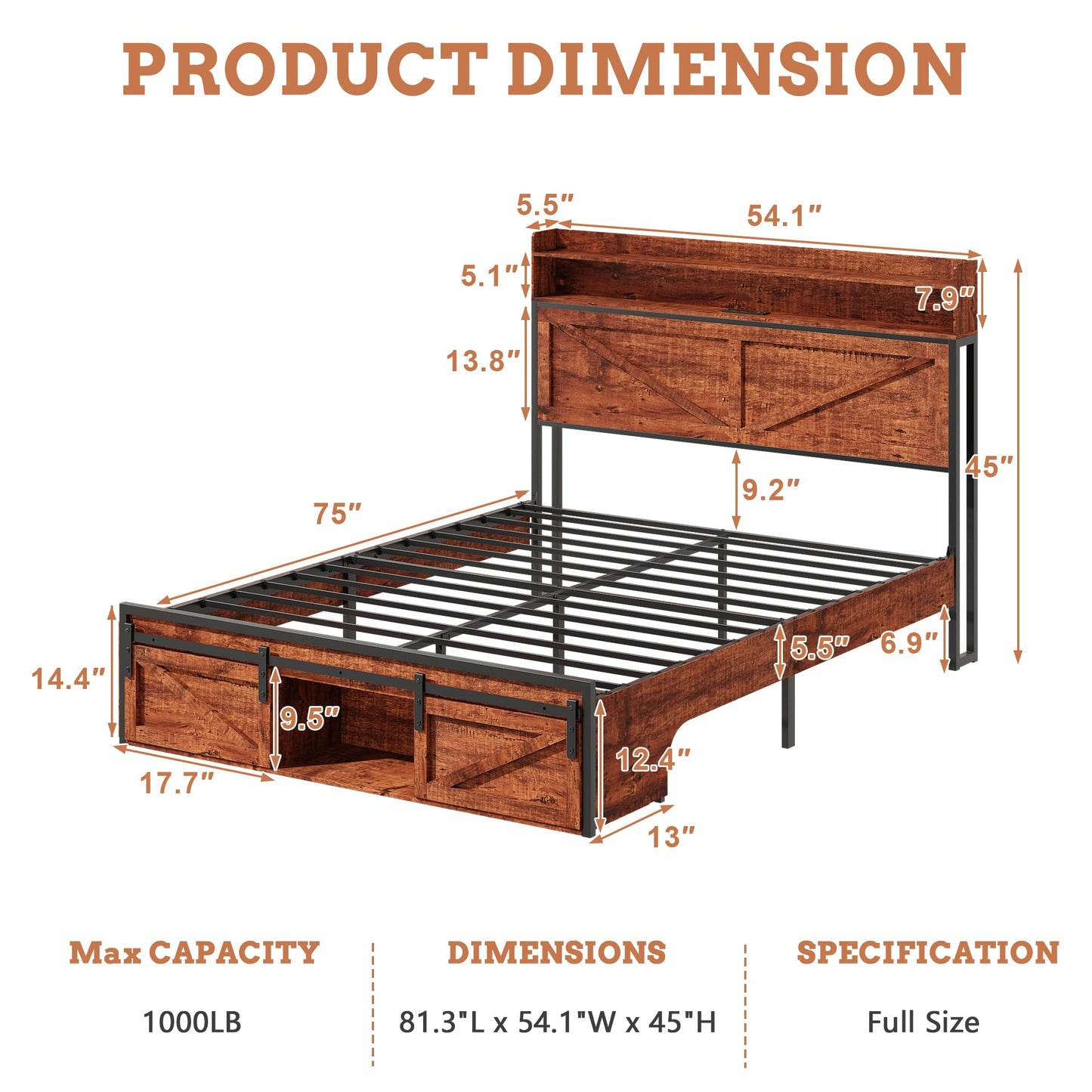 KEIKI Full Size Bed Frame with Storage Headboard, Wood Platform Bed with Charging Station & Footboard Drawers, Sturdy Metal Slats, Noise-Free, No Box Spring Needed, Brown
