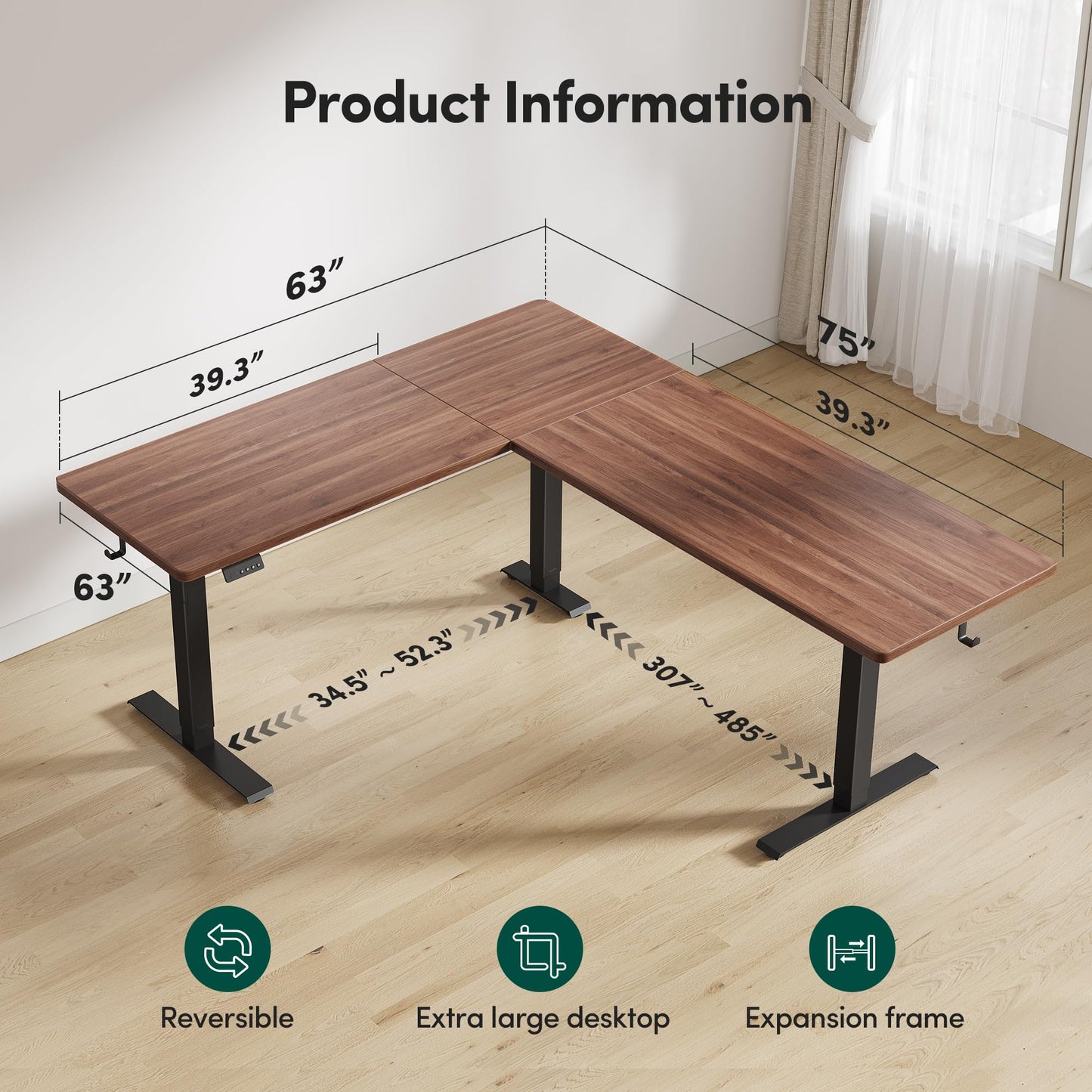 BANTI L-Shaped Standing Desk - 75 x 63 Inch Adjustable Corner Standing Desk with Charging Station - L Shape Sit Stand Table with Memory Controller, Splice Board for Home Office, Black Walnut