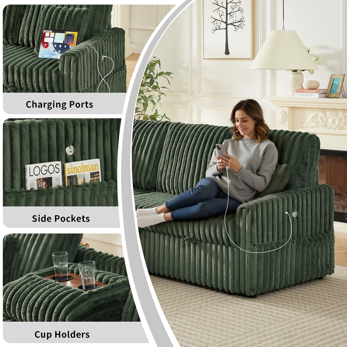 KCGKCG Sleeper Sofa Bed, 81” Pull Out Couch Bed with Reversible Storage Chaise, 3 in 1 L-Shaped Couch with Charging Station, Cup Holder, Side Pocket, Plush Corduroy Couches for Living Room(Green)