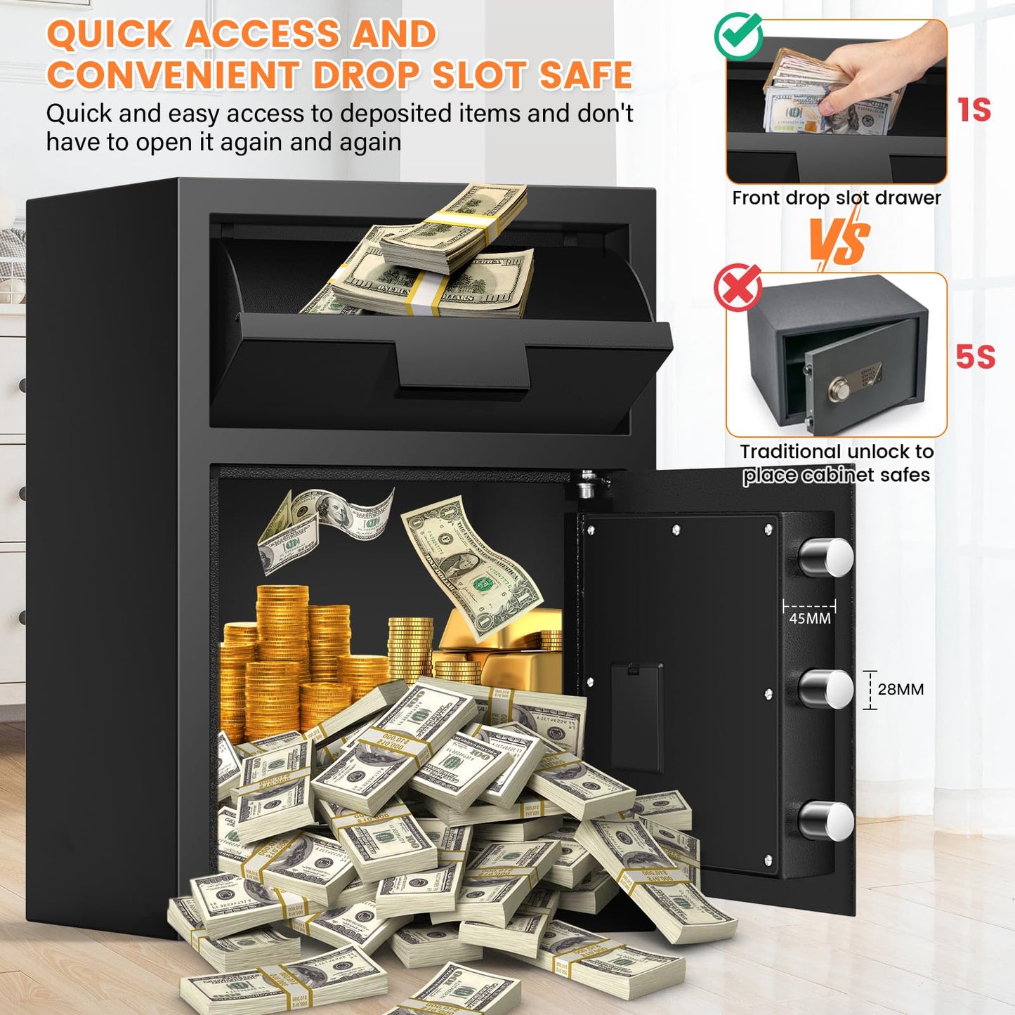 2.8 Cubic Drop Safe for Business, Anti-Theft Drop Slot Safes for Money with Digital Combination Lock & Spare Keys, Cash Depository Safe with Drop Box for Home Retail Store Business