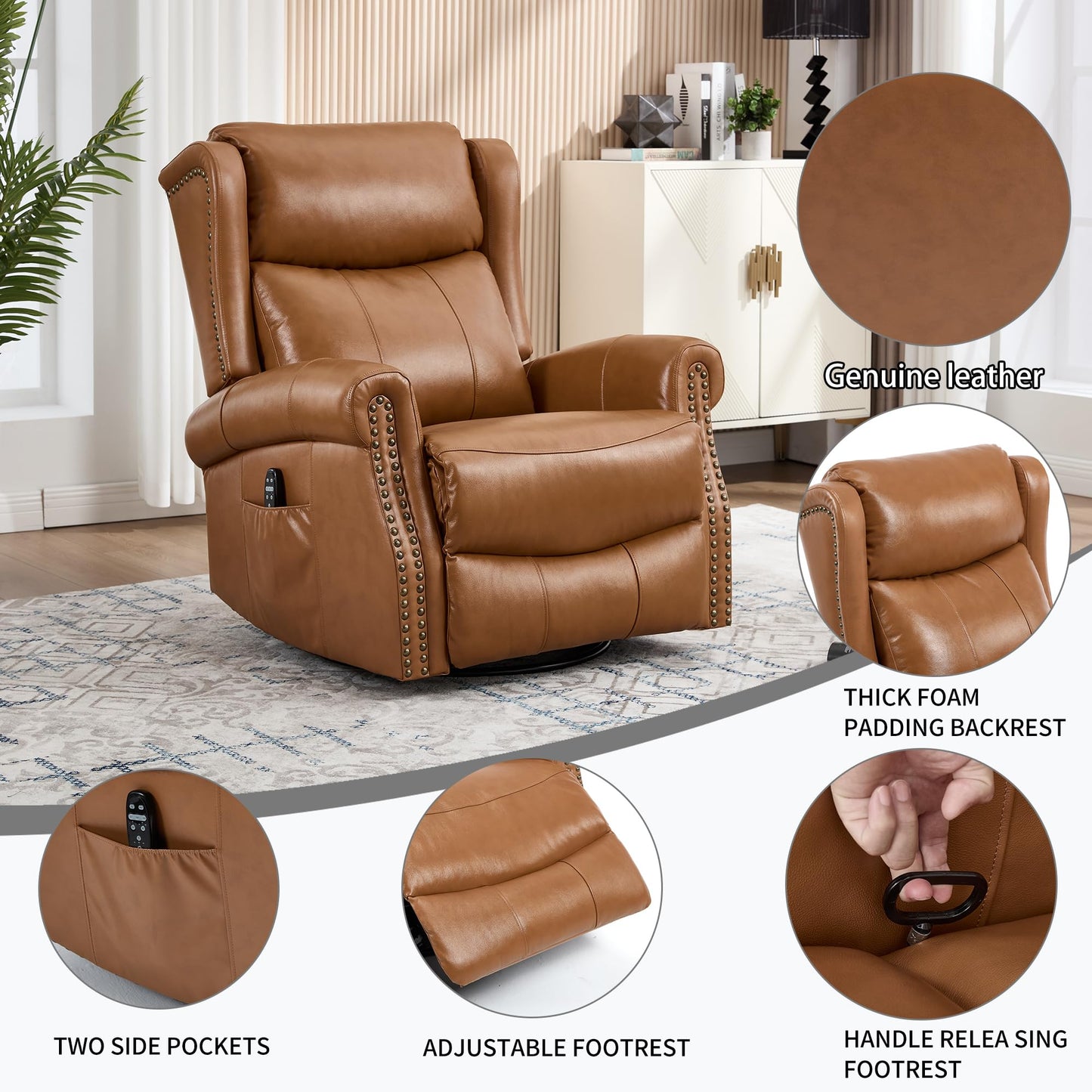 KEIKI Heat Massage Recliner Chair with Rocker & 360° Swivel, Manual Handle Reclining Lounge Chair with Lumbar Heat, Vibration Massage & Cushion Back for Living Room, Light Yellow