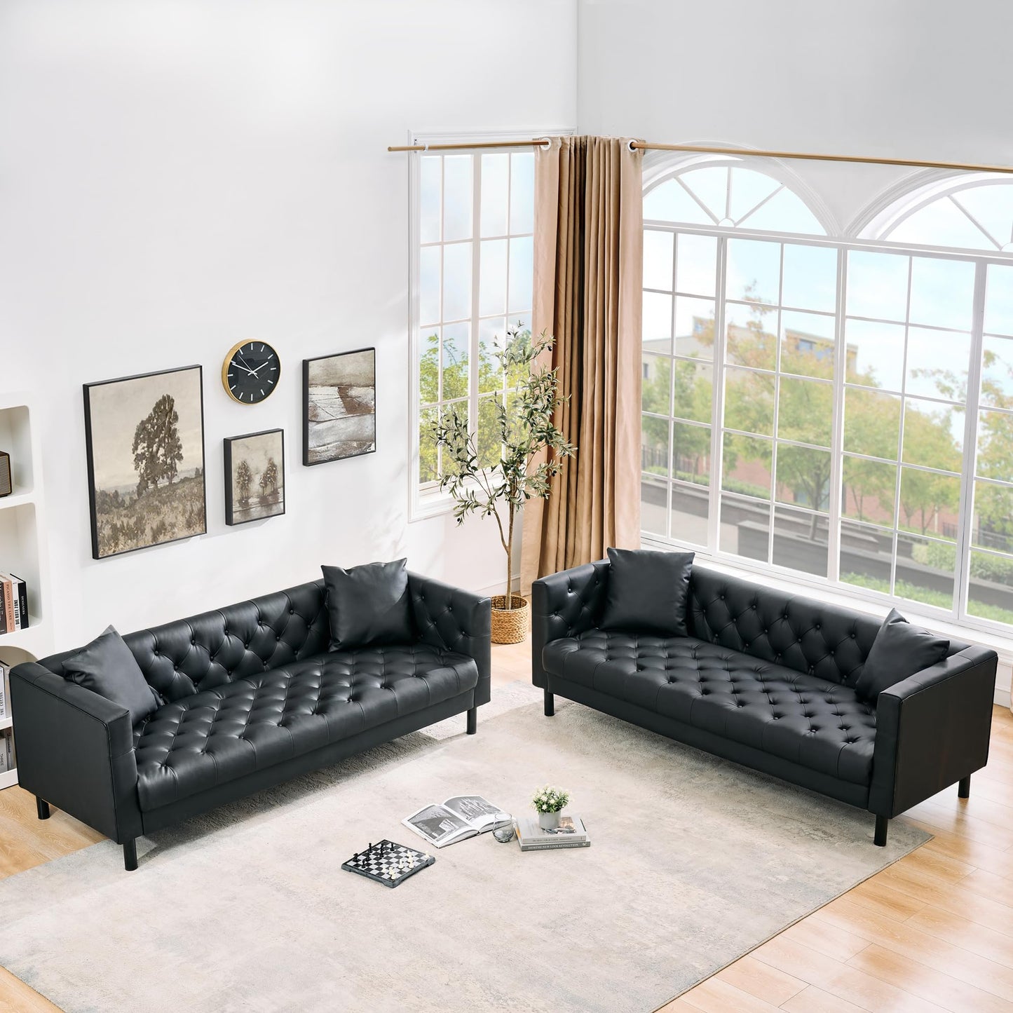 Garvee 81 Inch Leather Couch for Living Room, Modern Leather Sofa with Deep Seat, Handmade Button Tufted Sofa, Chesterfield 3 Seat Couch for Apartment, Office, Black