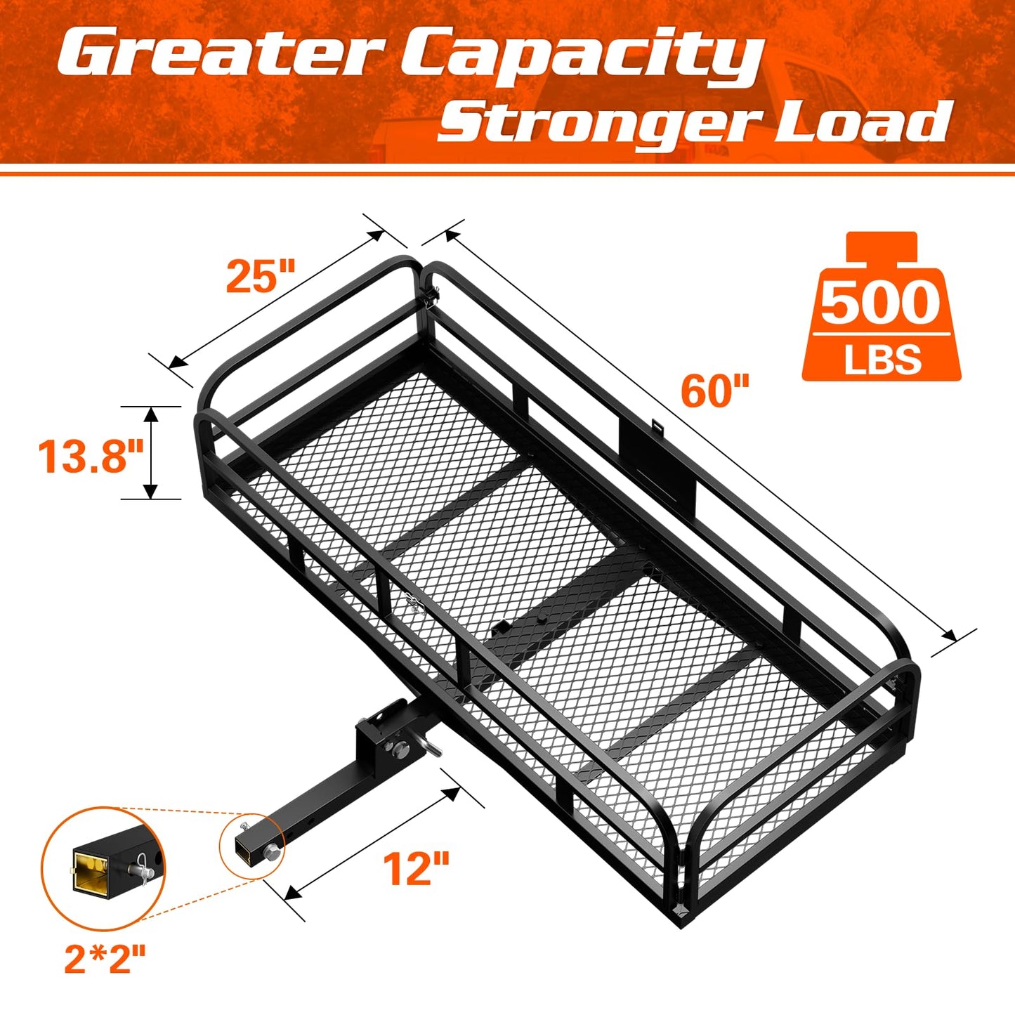 Wildroad Hitch Cargo Carrier with Bike Rack 60" x 24" x 14" Folding Trailer Hitch Cargo Carrier 500 LBS Capacity for Standard, Fat Tire and Electric Bike Fits 2" Receiver 60" Basket+Bike Rack