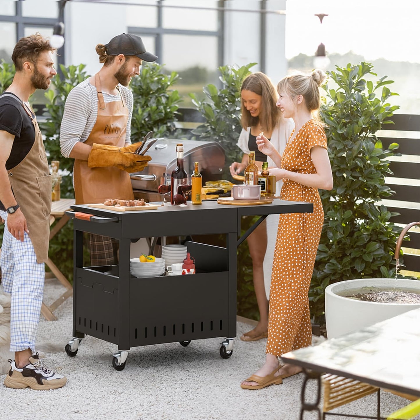 BBQMall Outdoor Grill Table Cart for Blackstone 28"/36" Omnivore Griddle, 50" x 22“ Large Outdoor Kitchen Island with Foldable Side Table for Blackstone 17”/22” Griddle, Home BBQ, Tailgates, Cookouts