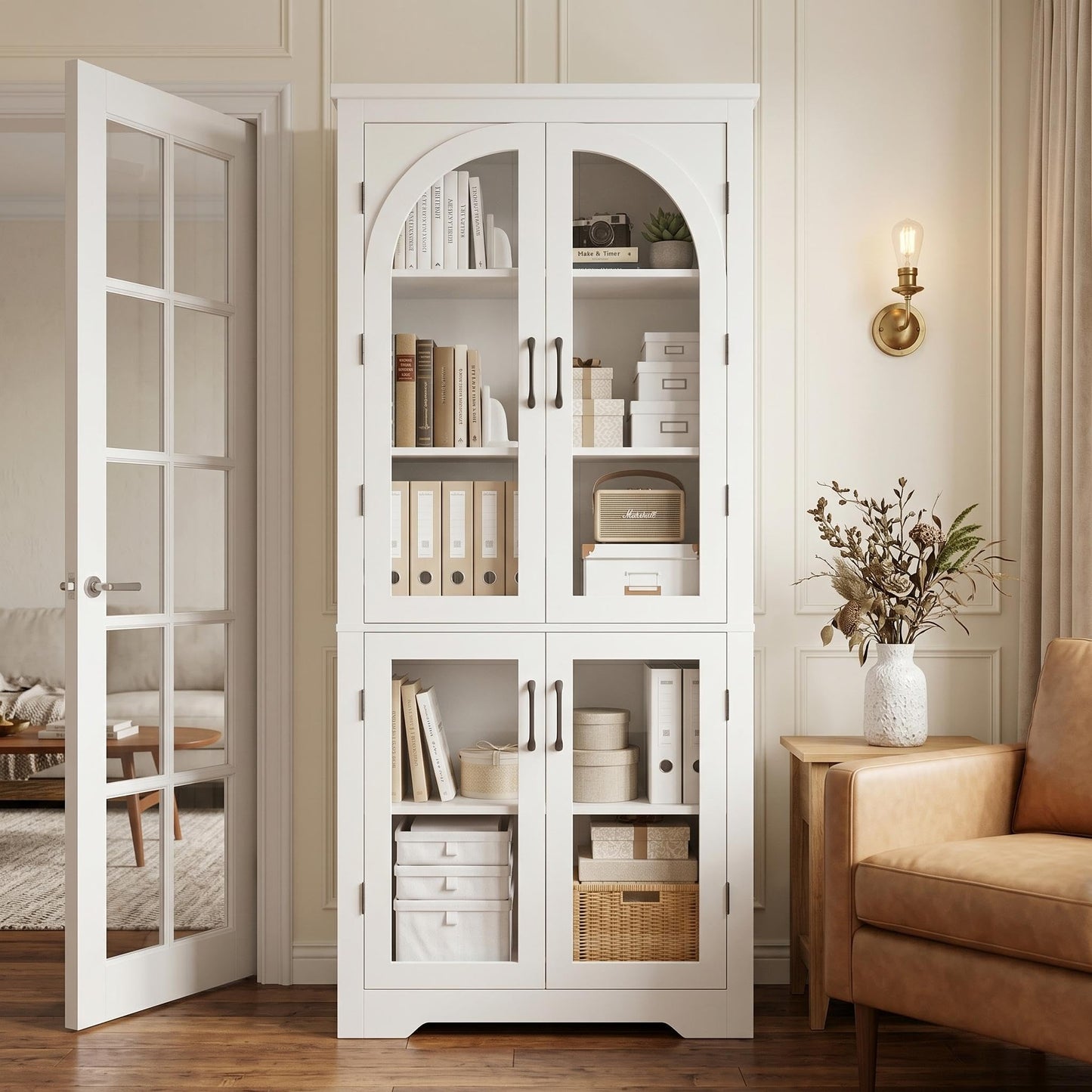 Garvee 70" Tall Kitchen Pantry Cabinet - Modern Display Cabinet with 4 Arched Glass Doors and Adjustable Shelves, Versatile Cupboard Organizers for Kitchen, Dining Room, Living Room, Bathroom, White