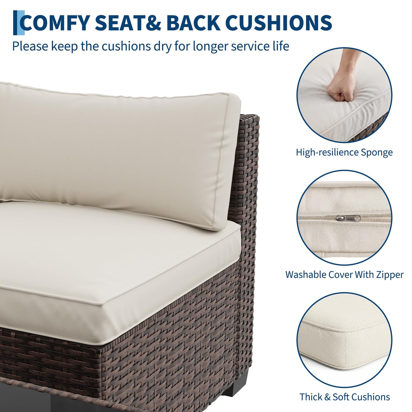 GarveeHome 7-Piece Modular Outdoor Patio Set, Sectional Rattan Wicker Sofa with Water-Resistant & Washable Thick Beige Cushions, Includes Coffee Table, Brown Frame for Garden, Deck, Poolside