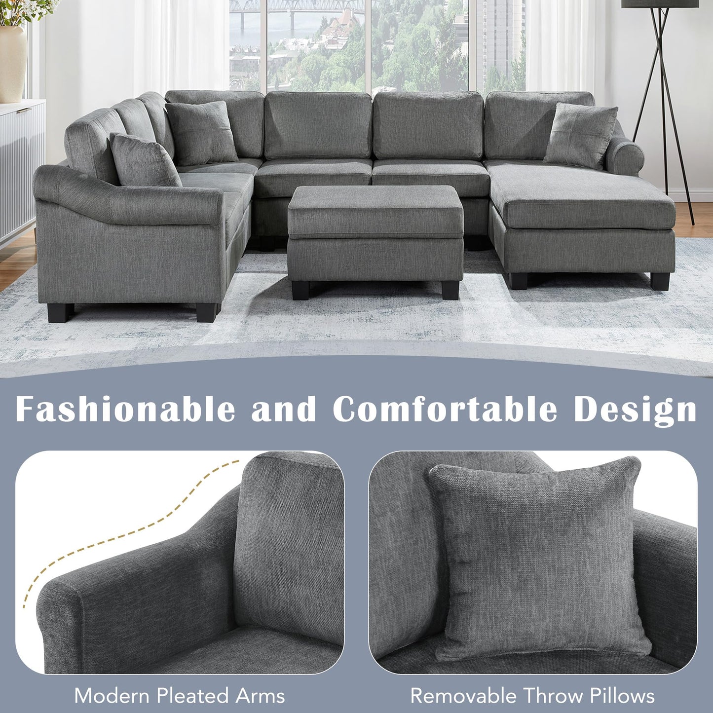 ERYE 112-Inch U-Shaped Sectional Sofa with Movable Storage Ottoman, Oversized Chenille Upholstered Corner Modular Sofa Couch W/Right Facing Chaise Lounge and 3 Toss Pillows
