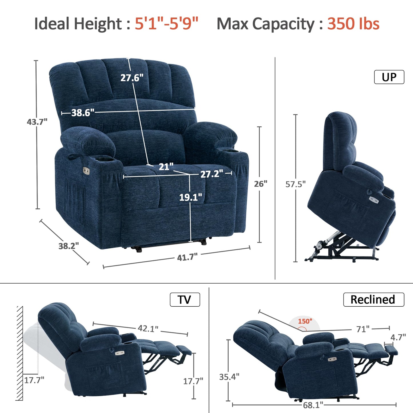 MCombo Power Lift Recliner Chair for Elderly, Lift Chair with Heat and Massage, Extra Wide Lift Recliner for Big People, Fabric R7096 (Medium-Wide, Navy Blue)