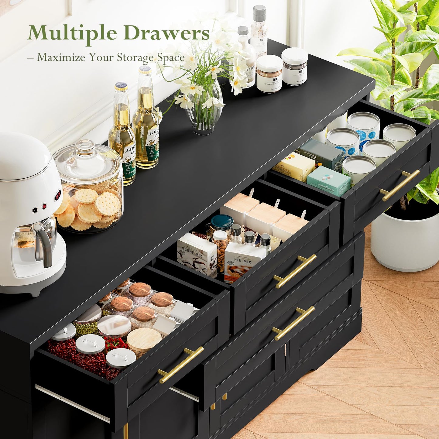 Concho 54" Buffet Cabinet with Storage, Kitchen Sideboard Cabinet with 4 Drawers, Coffee Bar Cabinet with Shelves, Modern Storage Cabinet for Dining Room, Living Room & Kitchen, Black