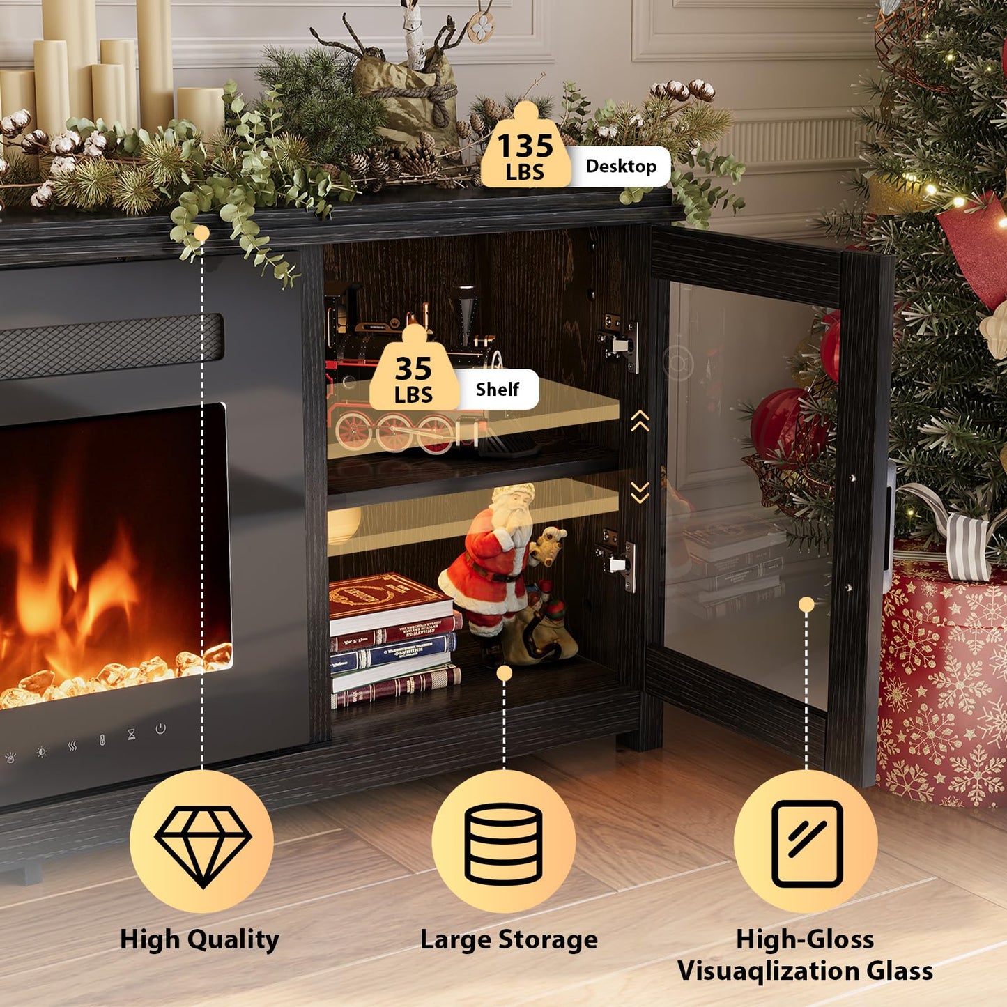 MXV 90" Fireplace TV Stand, Modern Entertainment Center with 60 Inch Electric Fireplace, Adjustable Shelf & Glass Door, Fire Place with WI-FI Enabled, TV Console for Living Room, Black