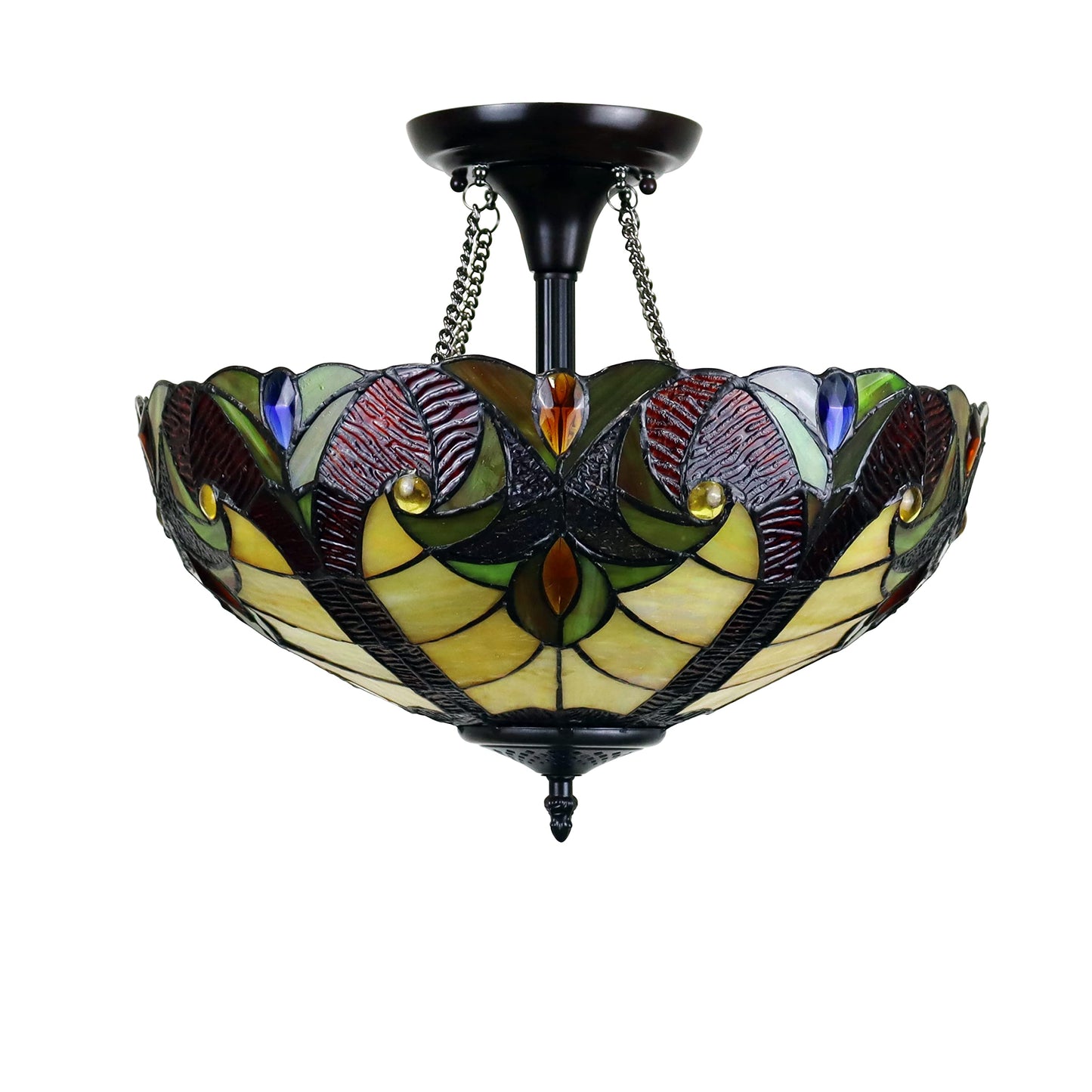 Chloe Lighting Adia Victorian Tiffany-Style Semi-Flush Fixture, 2 Lights, 16in Wide, Dark Bronze, Multicolor Glass, Model CH38632AV16-UF2